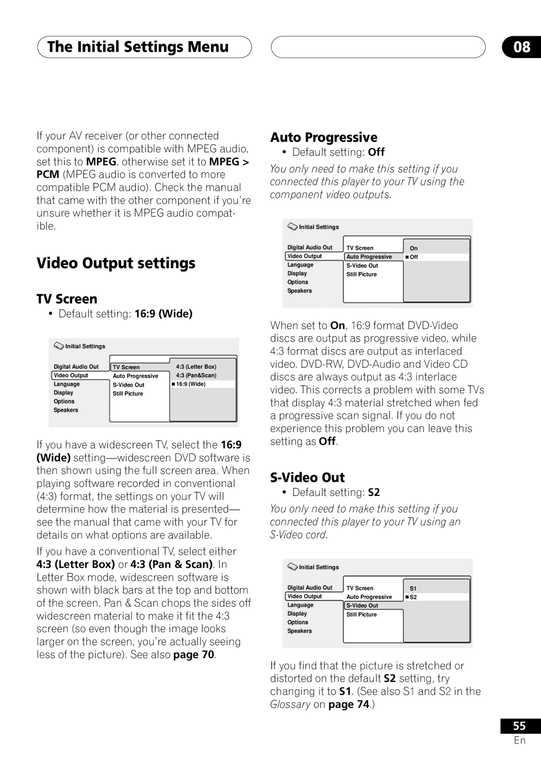 Pioneer DV-45A operating instructions Video Output settings, TV Screen, Auto Progressive 