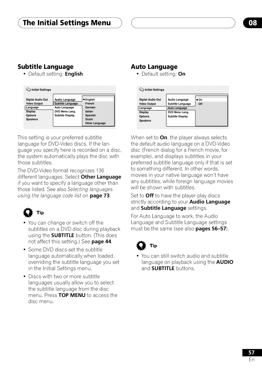 Pioneer DV-45A operating instructions Subtitle Language Auto Language, Default setting English Default setting On 