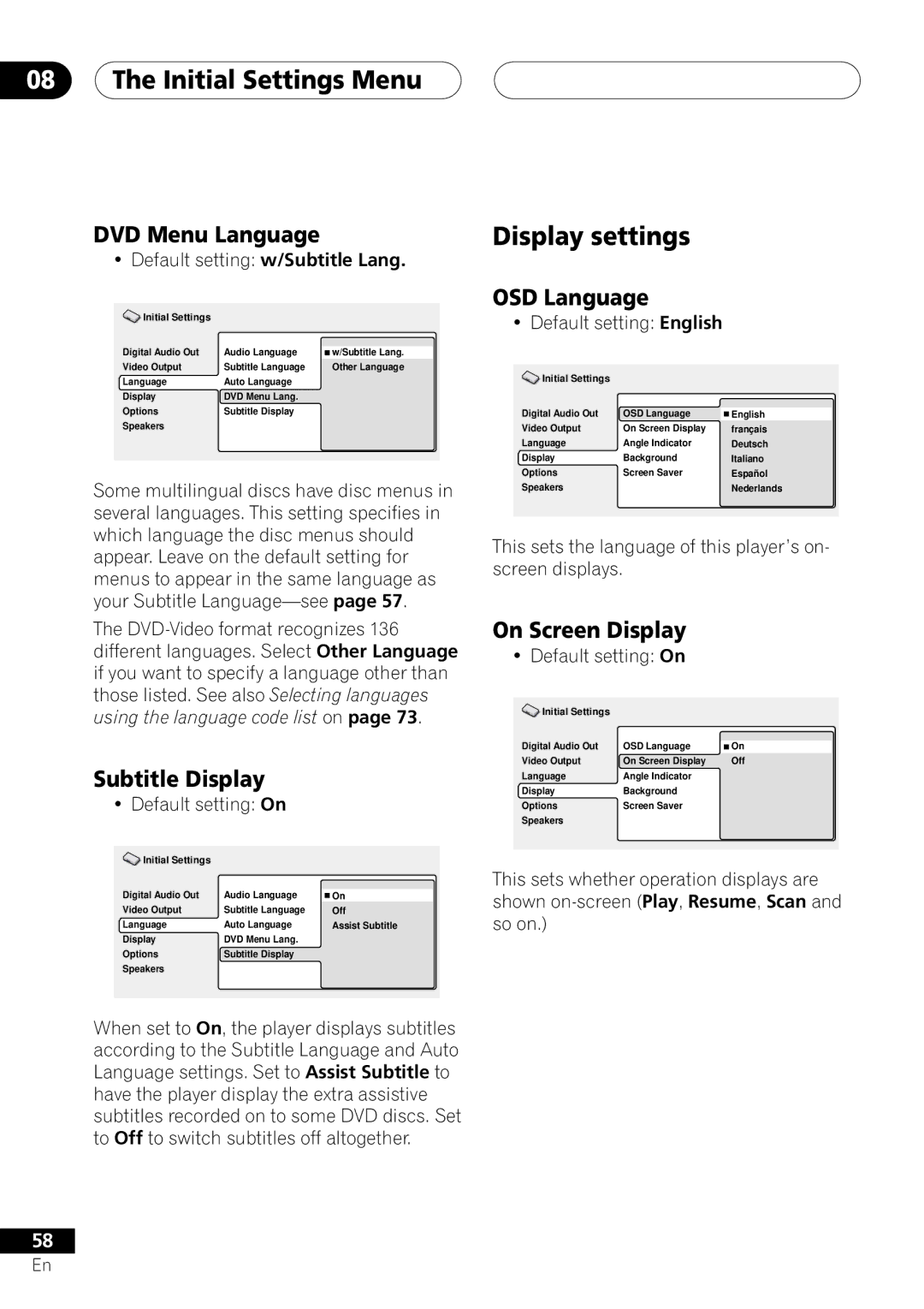 Pioneer DV-45A Display settings, DVD Menu Language, Subtitle Display, OSD Language, On Screen Display 