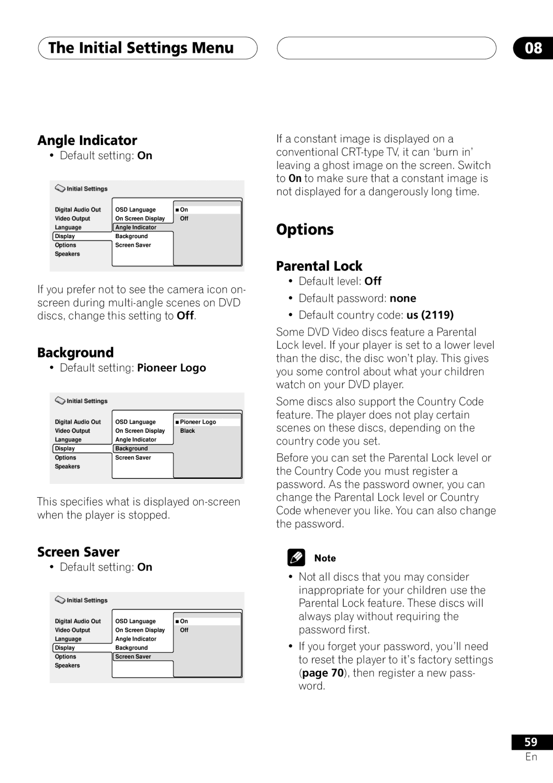 Pioneer DV-45A operating instructions Options, Angle Indicator, Background, Screen Saver, Parental Lock 