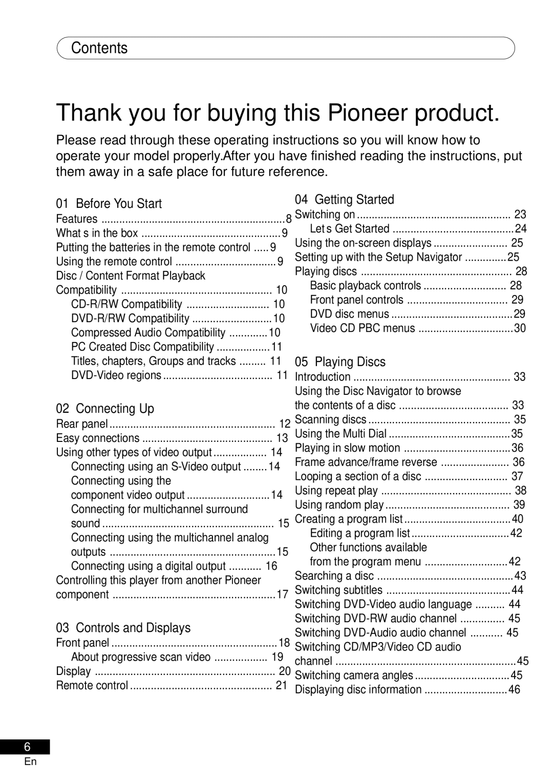 Pioneer DV-45A operating instructions Contents, CD-R/RW Compatibility, Connecting for multichannel surround 