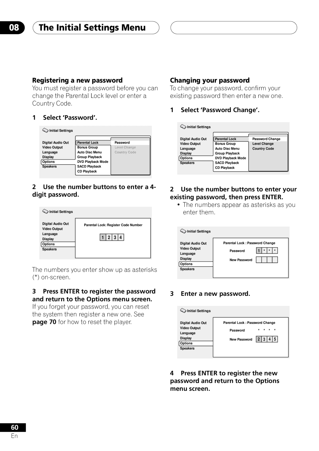 Pioneer DV-45A Select ‘Password’, Use the number buttons to enter a 4- digit password, Select ‘Password Change’ 