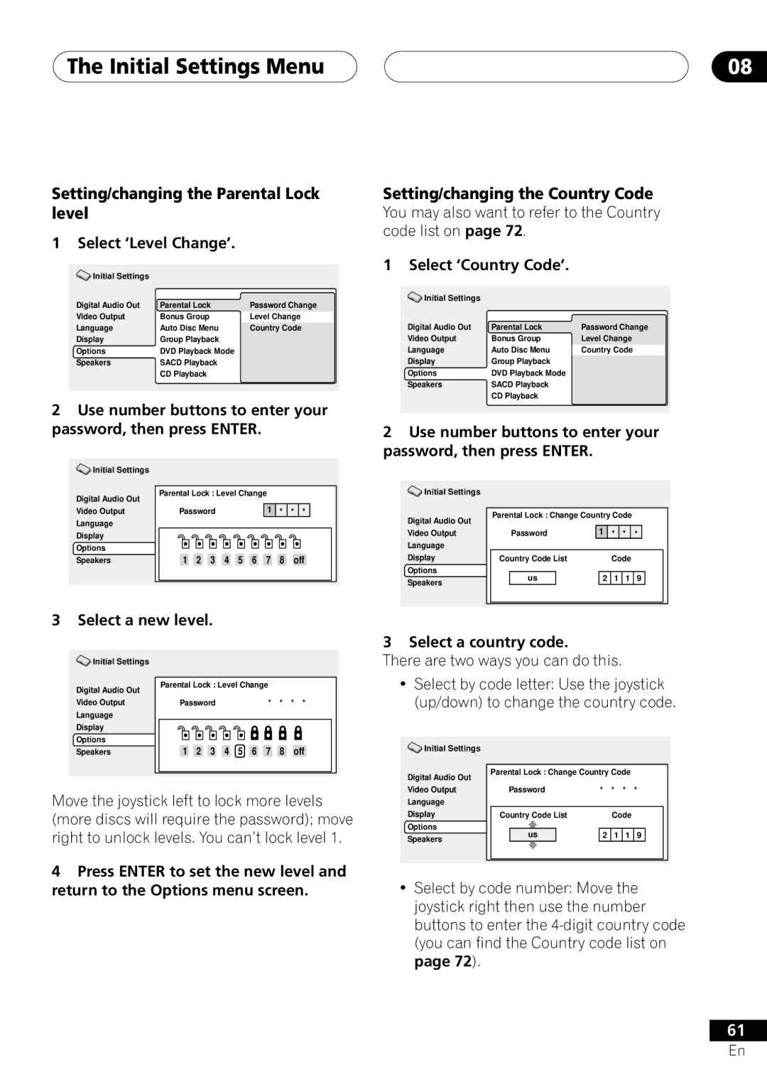 Pioneer DV-45A Select ‘Level Change’, Use number buttons to enter your password, then press Enter, Select ‘Country Code’ 