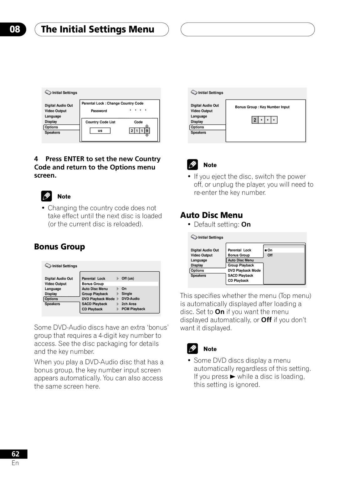 Pioneer DV-45A operating instructions Bonus Group, Auto Disc Menu 