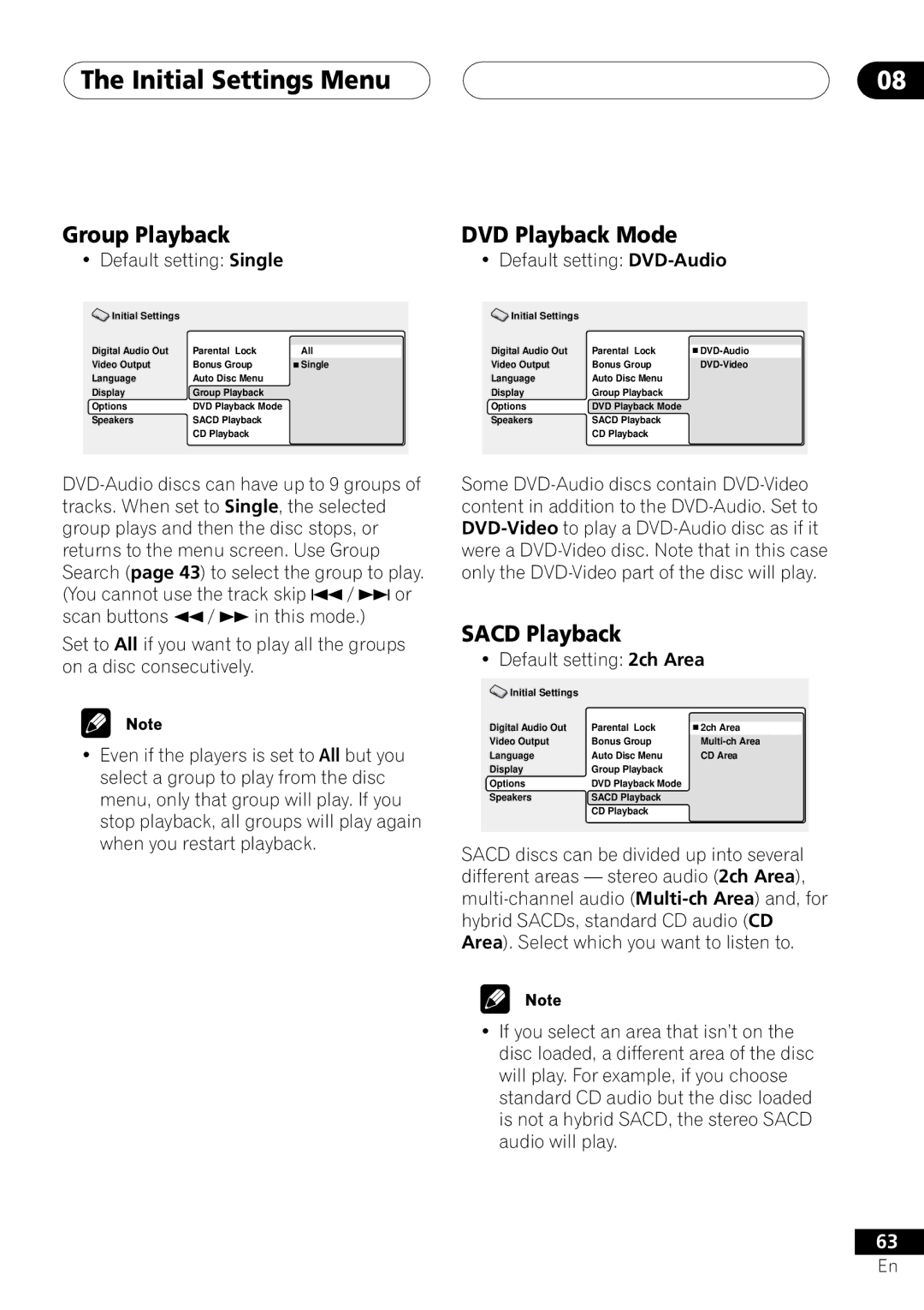 Pioneer DV-45A Group Playback DVD Playback Mode, Sacd Playback, Default setting Single Default setting DVD-Audio 