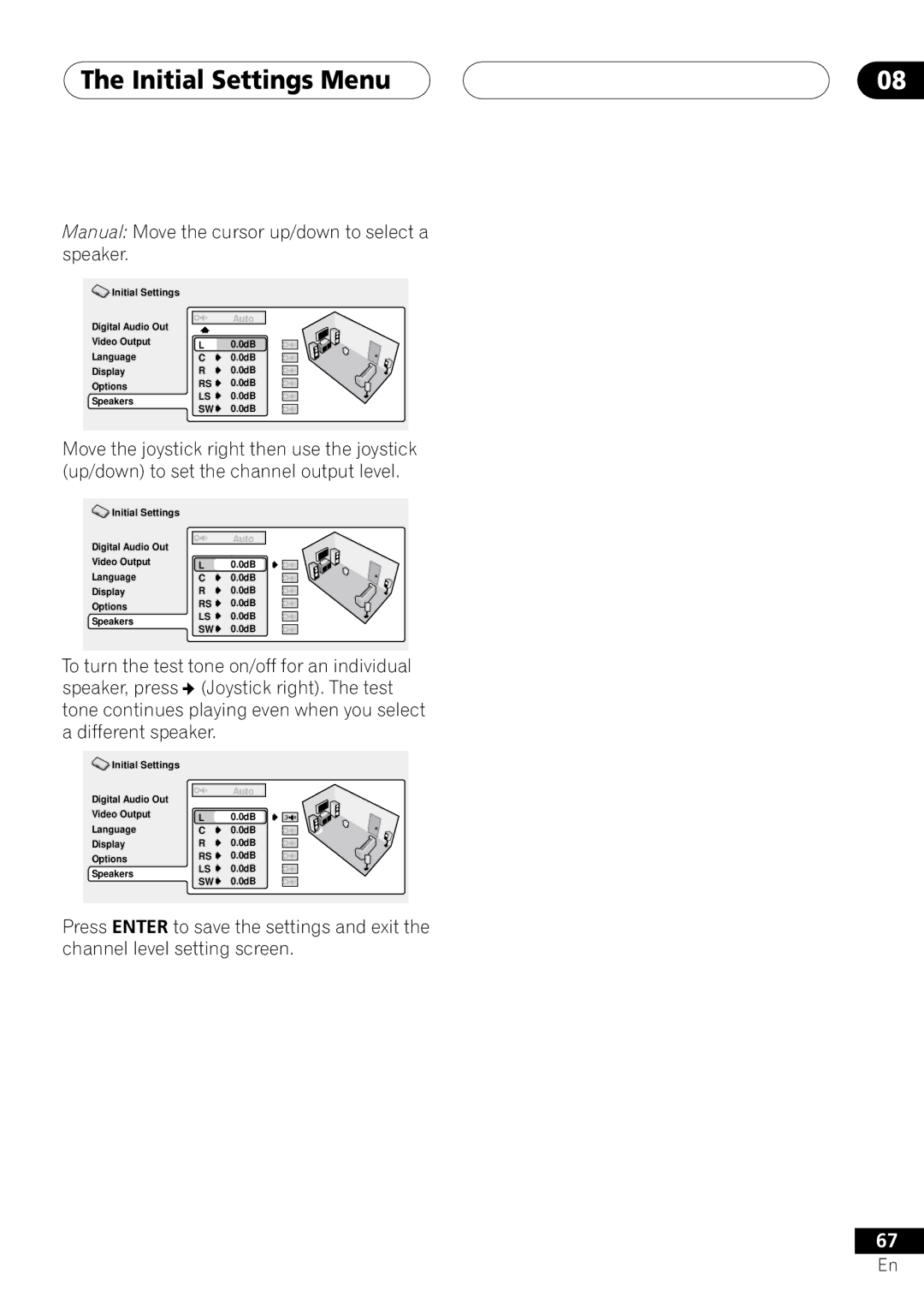 Pioneer DV-45A operating instructions Manual Move the cursor up/down to select a speaker 