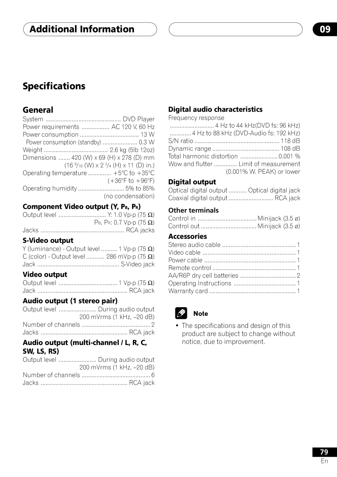 Pioneer DV-45A operating instructions Additional Information Specifications, General, Other terminals 