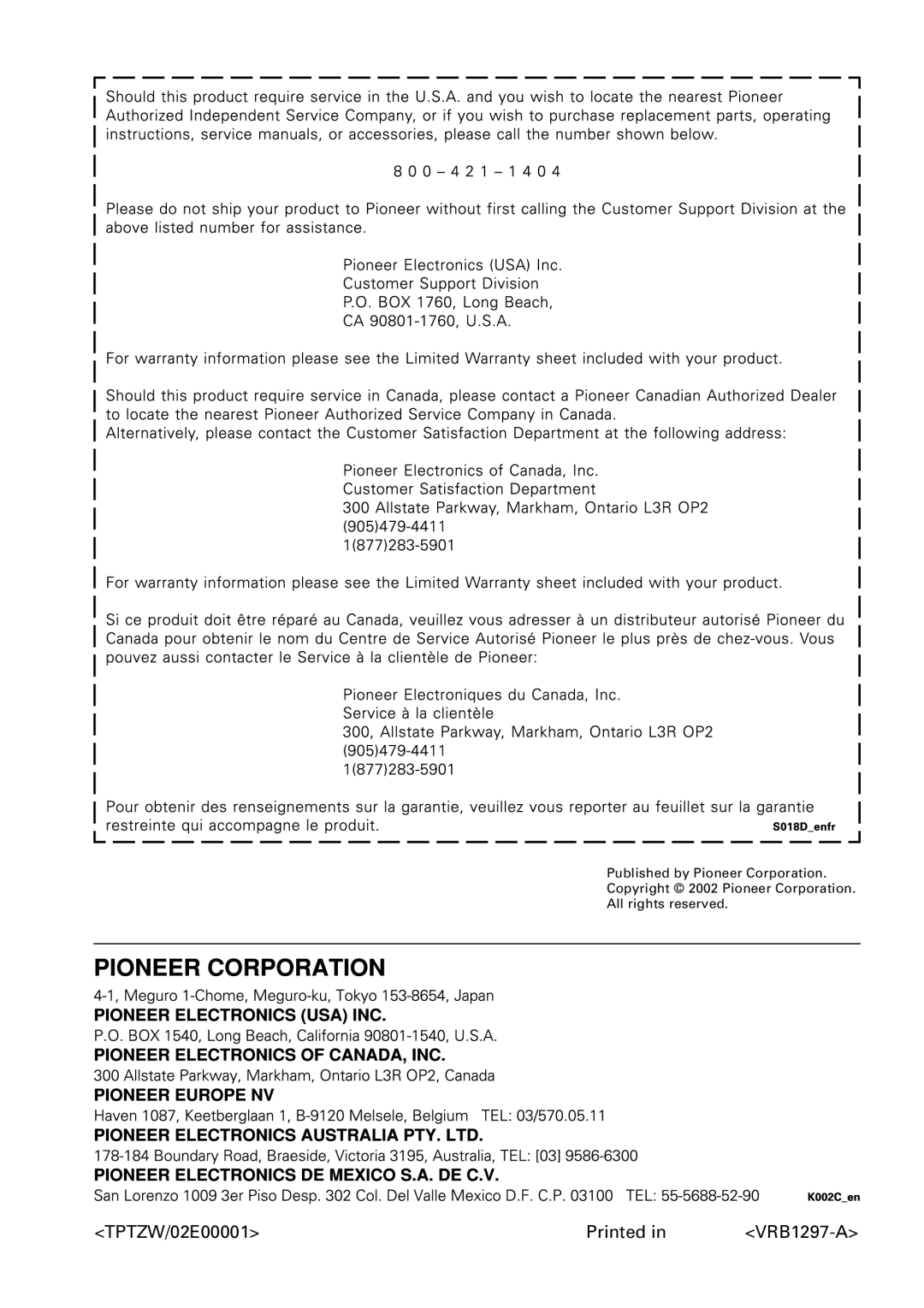 Pioneer DV-45A operating instructions TPTZW/02E00001 Printed 