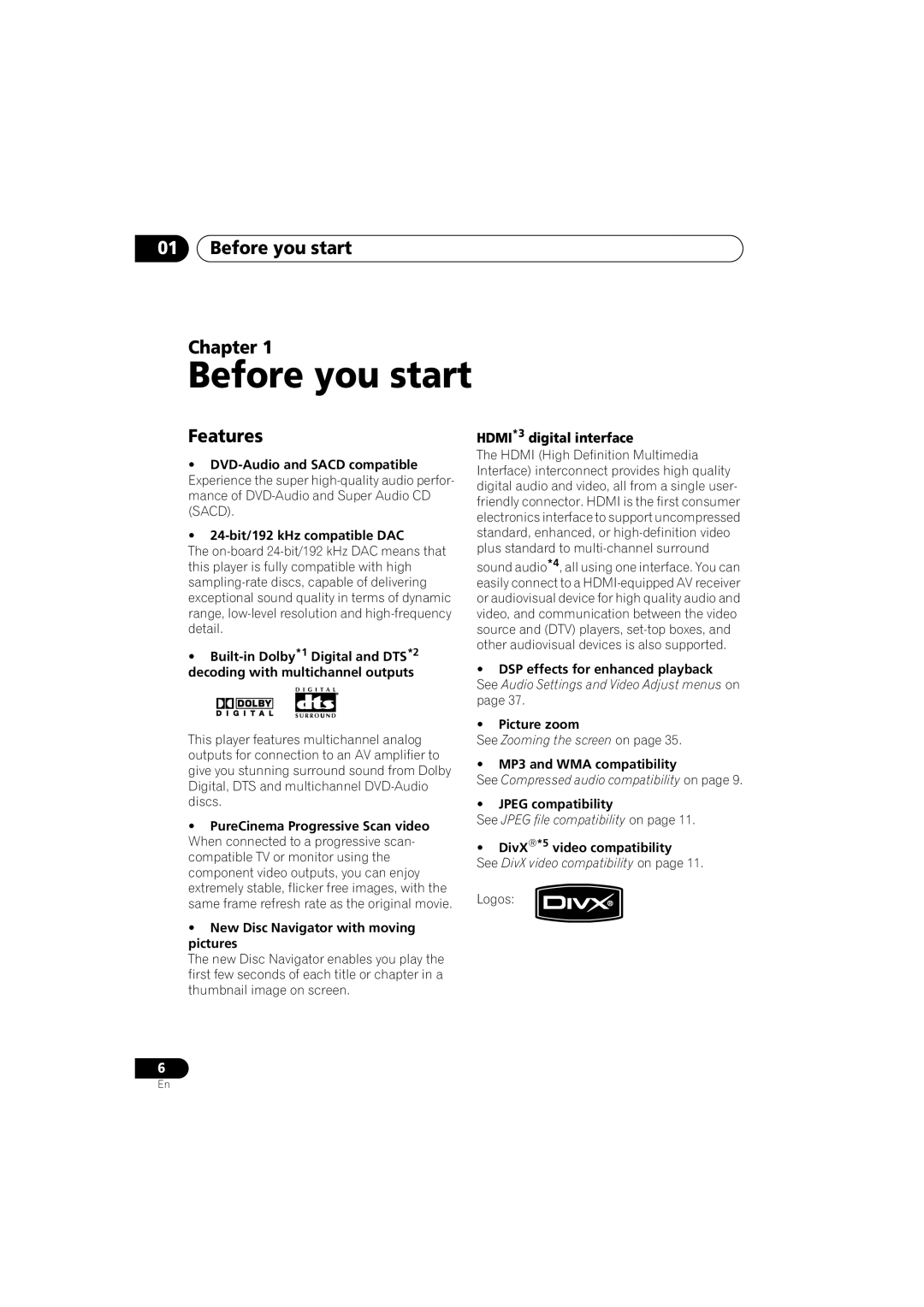 Pioneer DV-46AV operating instructions Before you start Chapter, Features 