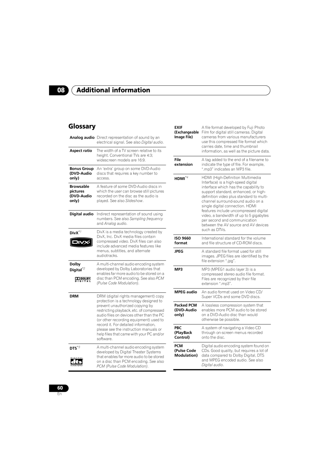 Pioneer DV-46AV operating instructions Additional information Glossary, Aspect ratio 