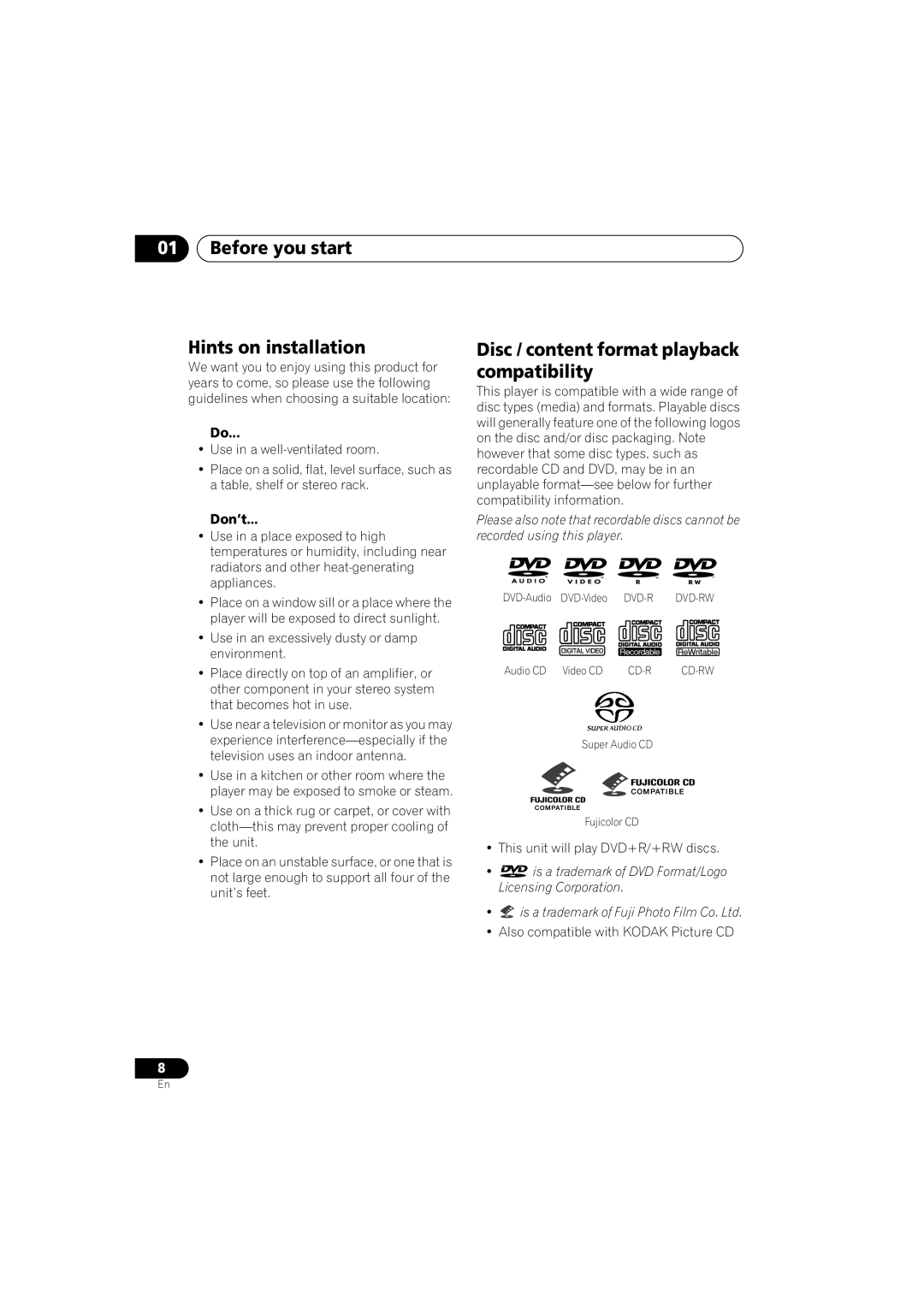 Pioneer DV-46AV operating instructions Before you start Hints on installation, Disc / content format playback compatibility 