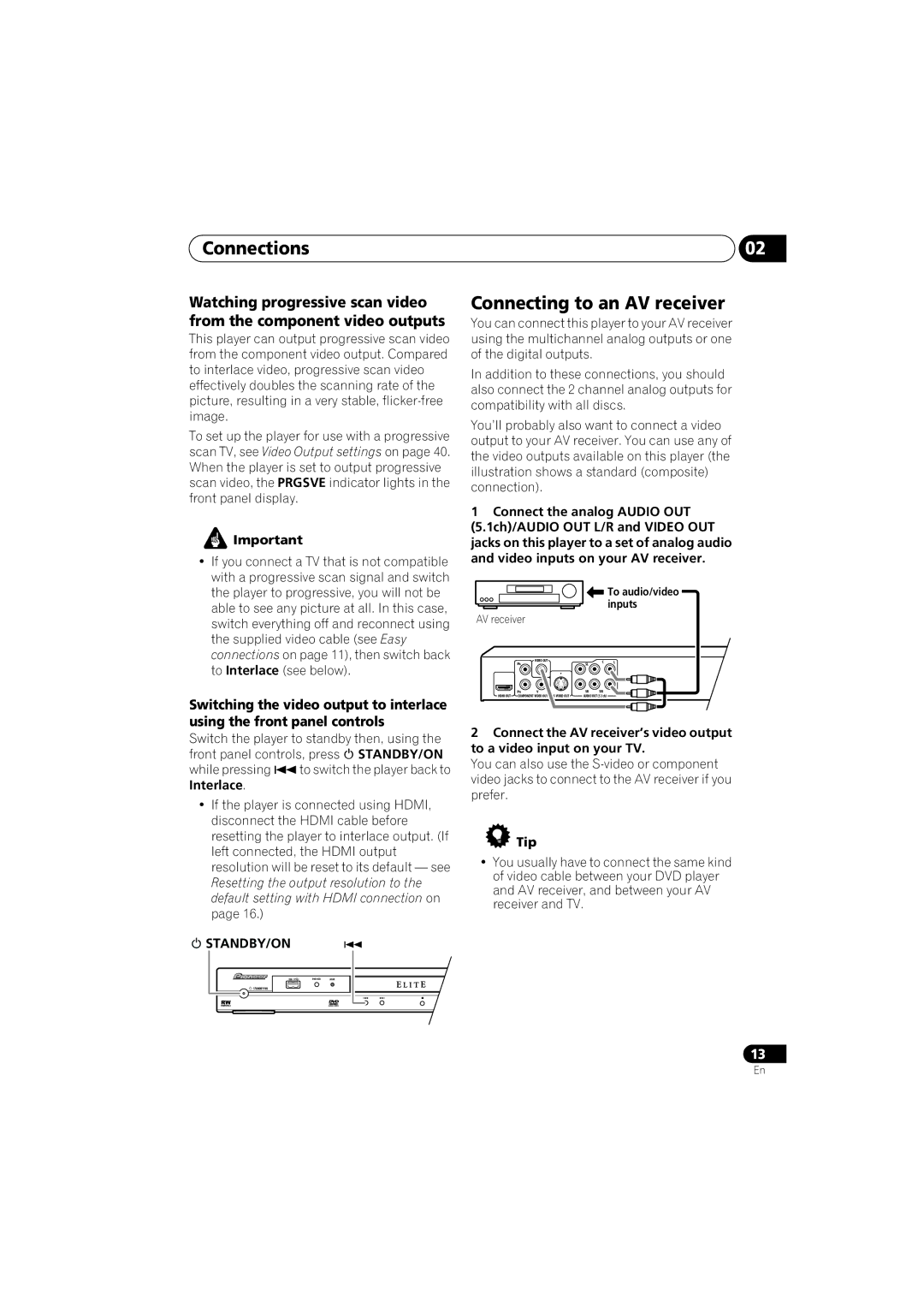 Pioneer DV-48AV operating instructions Connections, Connecting to an AV receiver,  Standby/On , Tip 