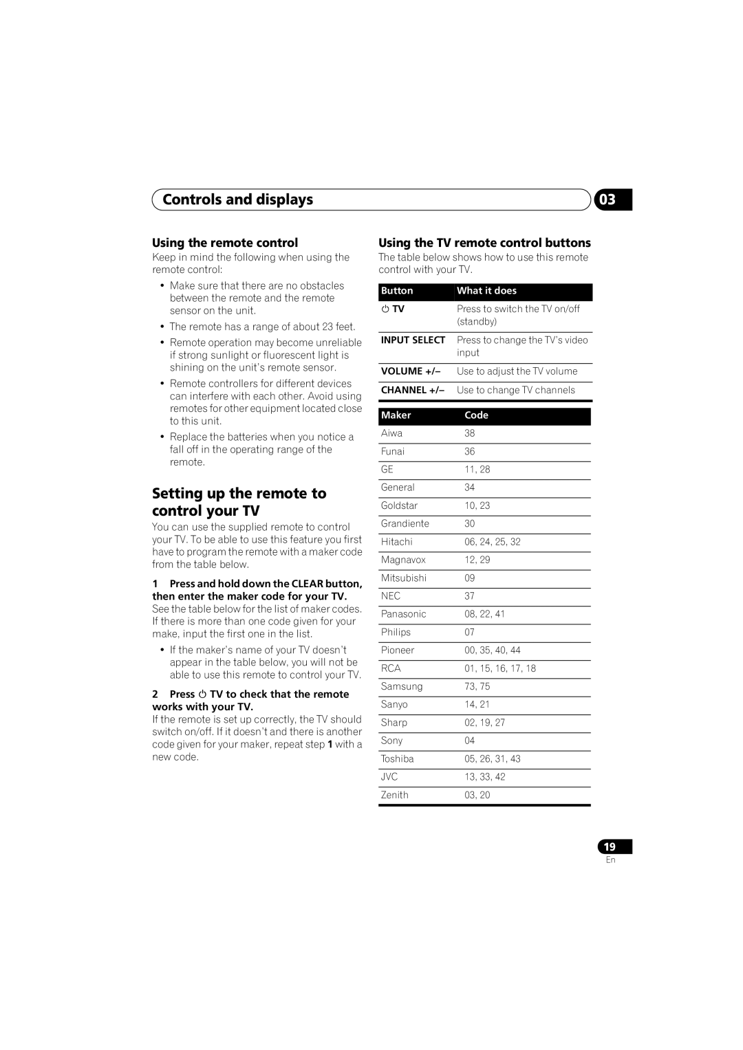 Pioneer DV-48AV Controls and displays, Setting up the remote to control your TV, Using the remote control 