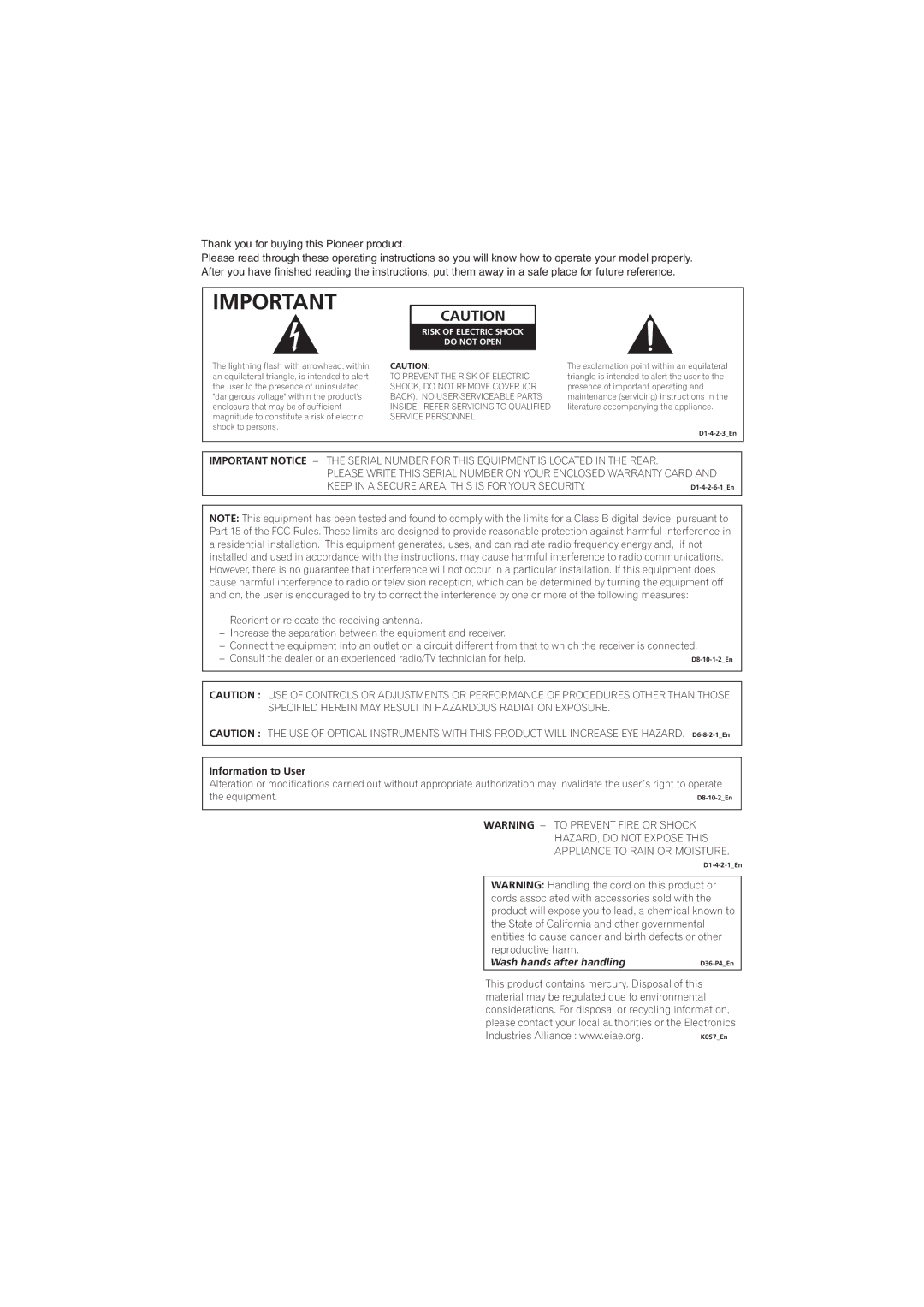 Pioneer DV-48AV operating instructions Wash hands after handling 