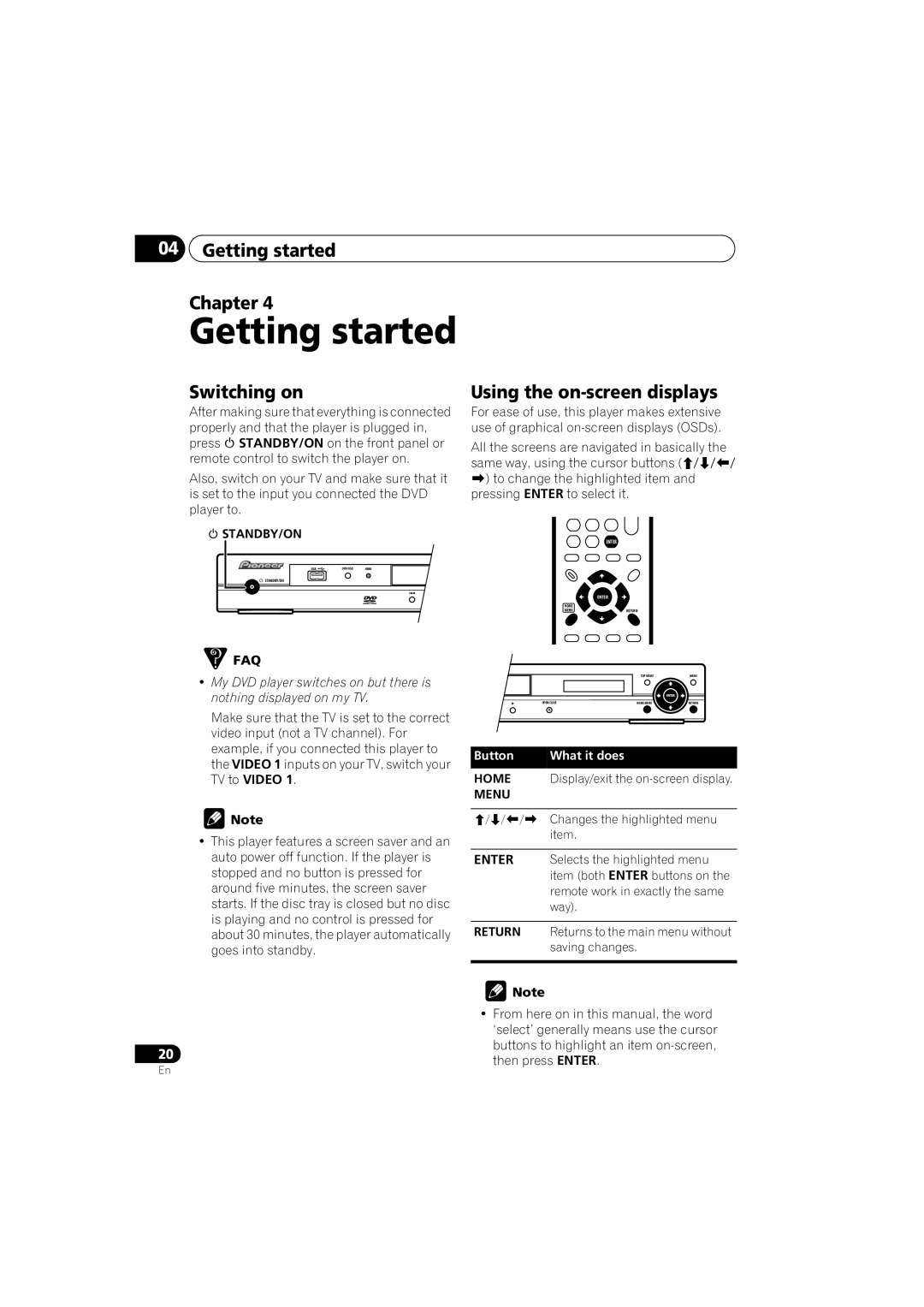 Pioneer DV-48AV operating instructions Getting started Chapter, Switching on, Using the on-screen displays 