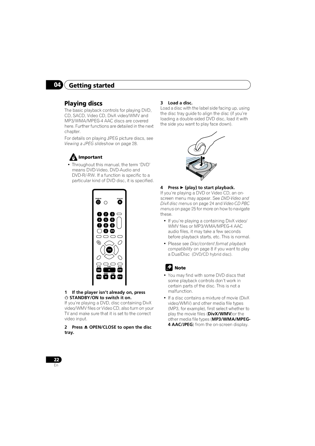 Pioneer DV-48AV operating instructions Getting started Playing discs, Press  OPEN/CLOSE to open the disc tray Load a disc 