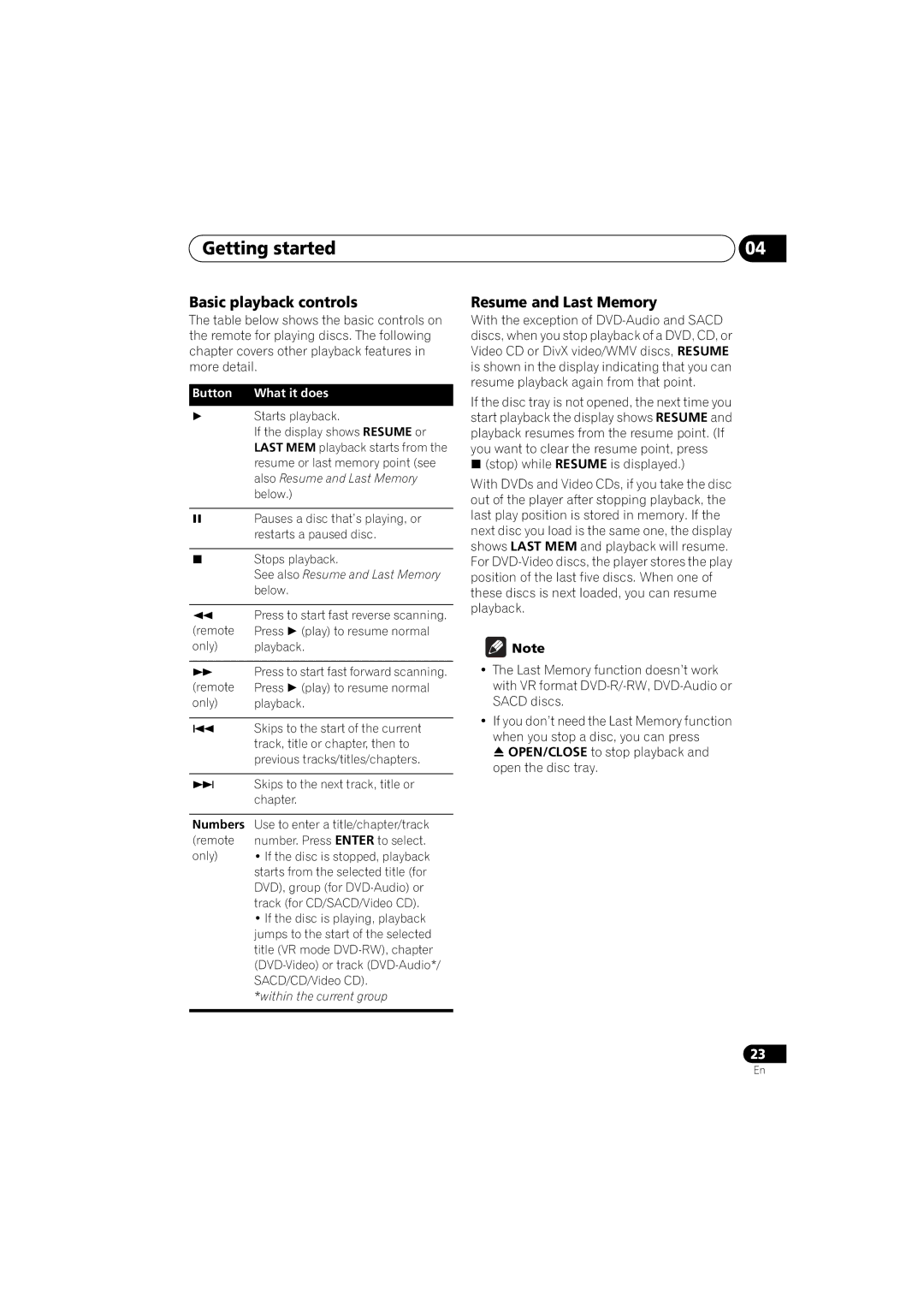 Pioneer DV-48AV operating instructions Getting started, Basic playback controls, Resume and Last Memory, Numbers 