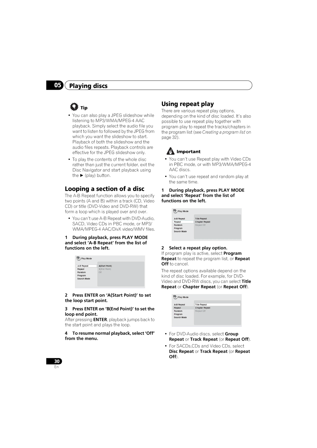 Pioneer DV-48AV Looping a section of a disc, Using repeat play, To resume normal playback, select ‘Off’ from the menu 