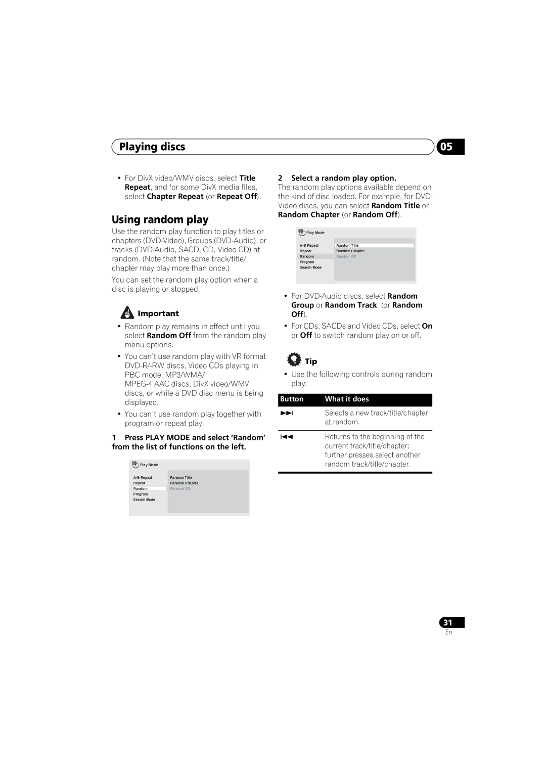 Pioneer DV-48AV Using random play, Select a random play option, Use the following controls during random play 