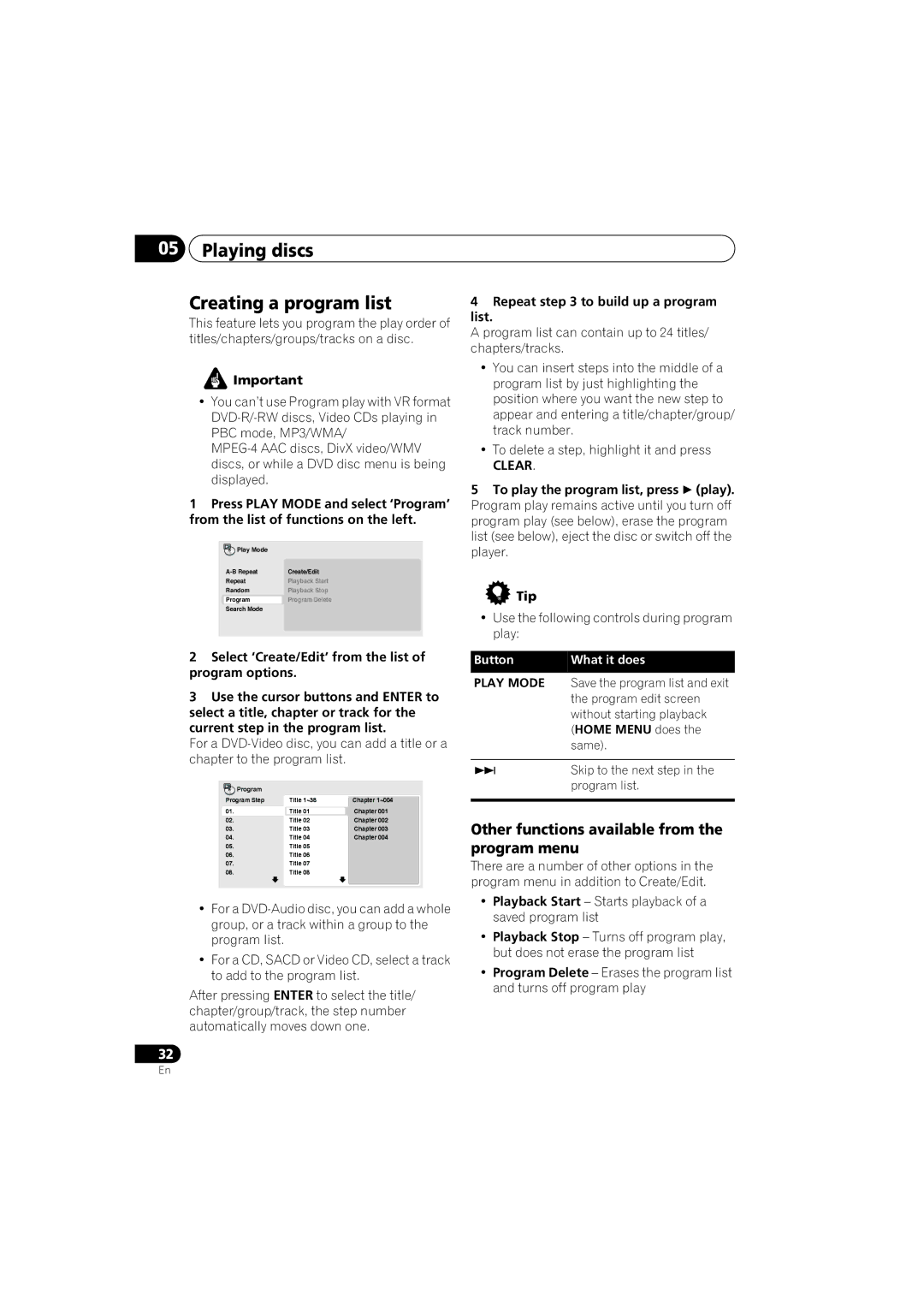 Pioneer DV-48AV Playing discs Creating a program list, Other functions available from the program menu, Clear 