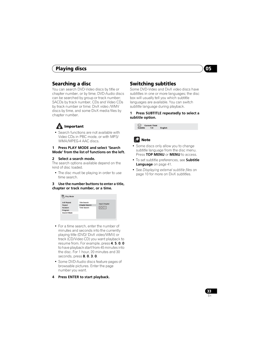 Pioneer DV-48AV Playing discs Searching a disc, Switching subtitles, Select a search mode, Press Enter to start playback 