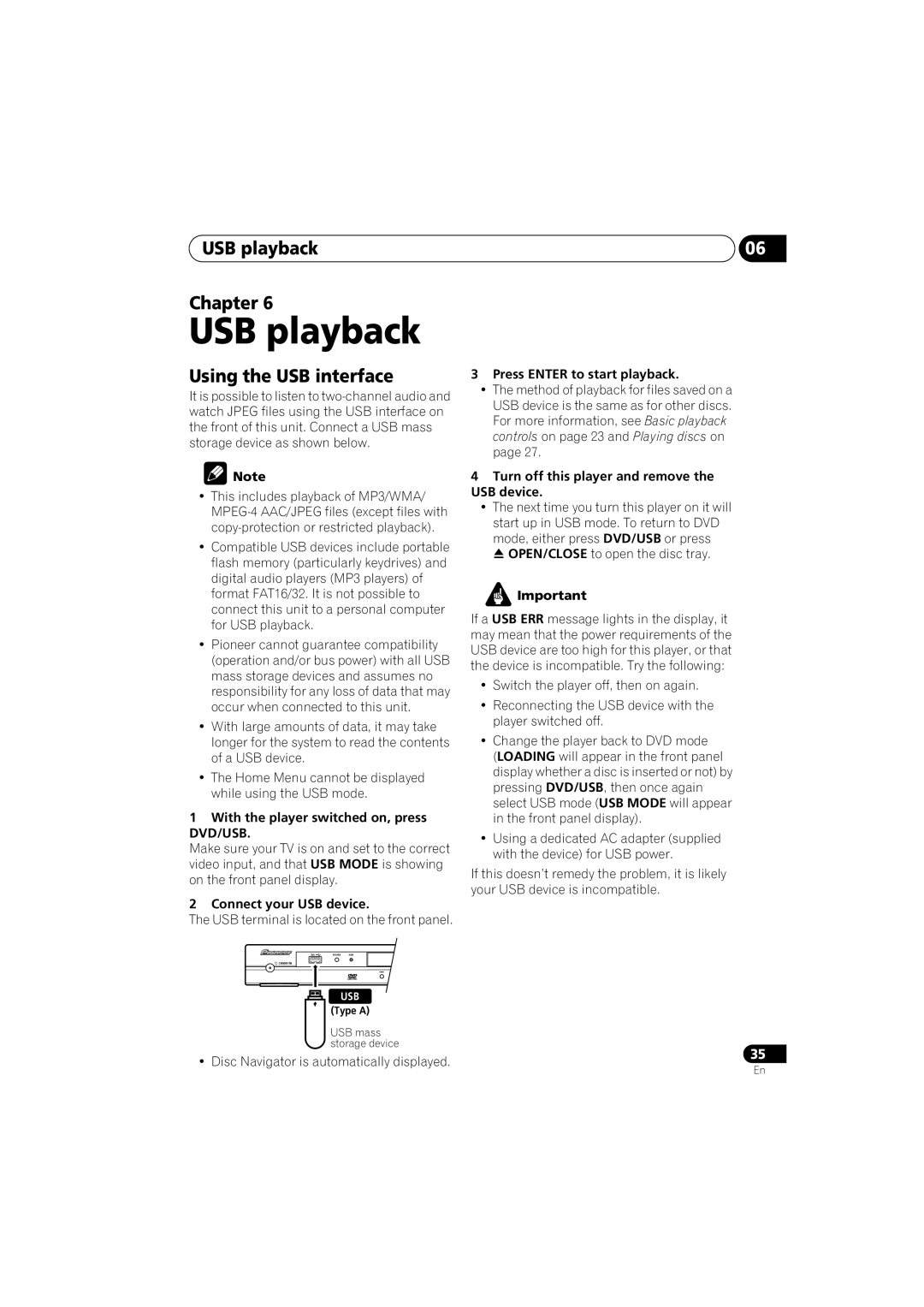 Pioneer DV-48AV operating instructions USB playback Chapter, Using the USB interface 