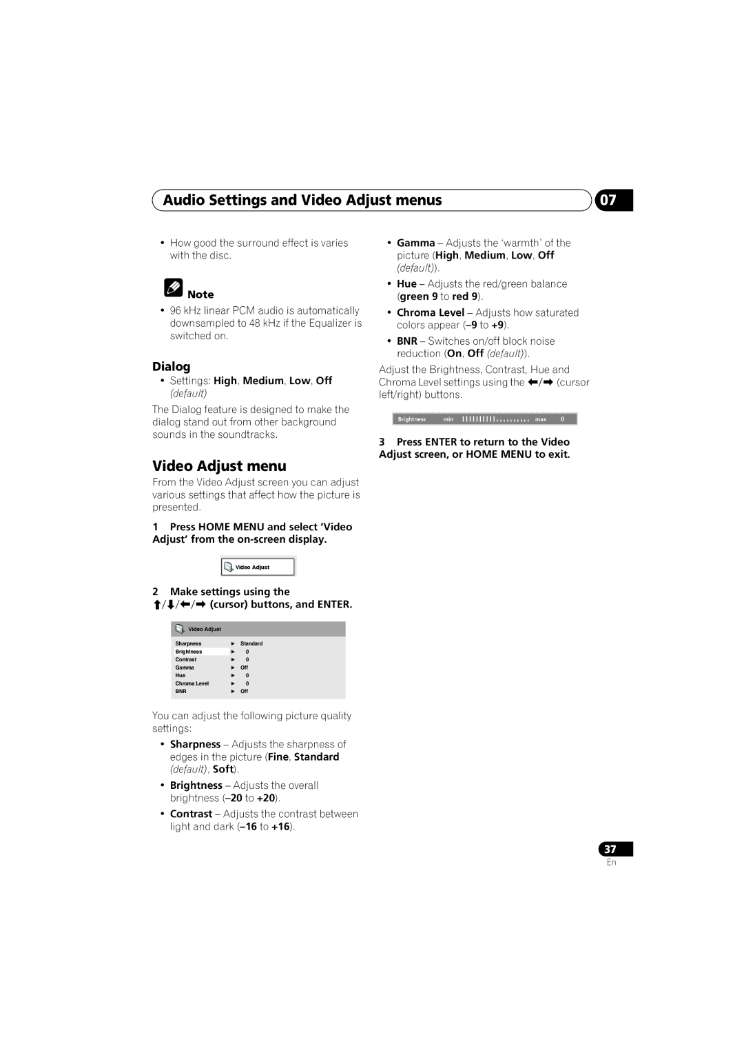 Pioneer DV-48AV Audio Settings and Video Adjust menus, Dialog, Settings High, Medium, Low, Off default 