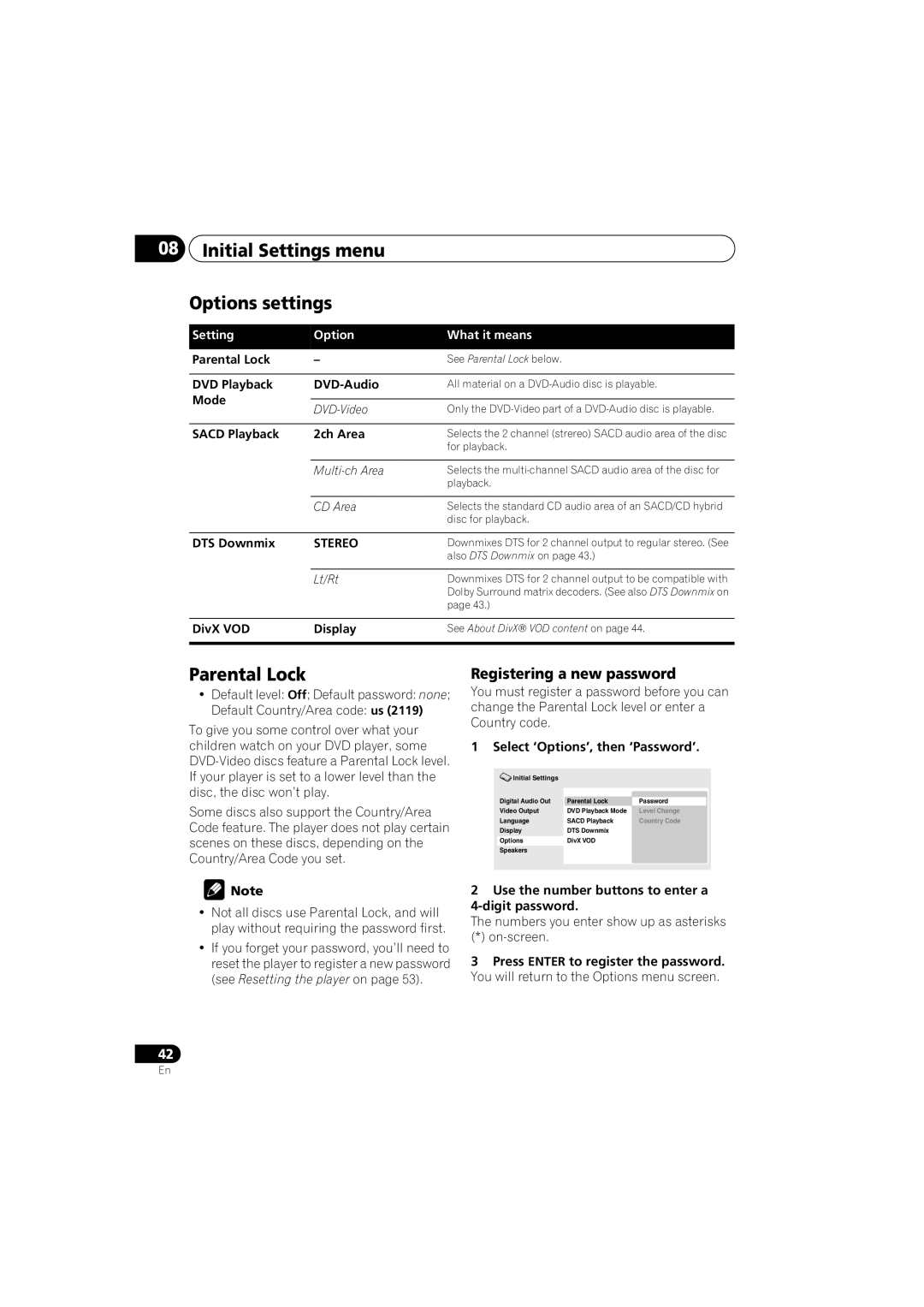 Pioneer DV-48AV Initial Settings menu Options settings, Parental Lock, Registering a new password, Stereo 