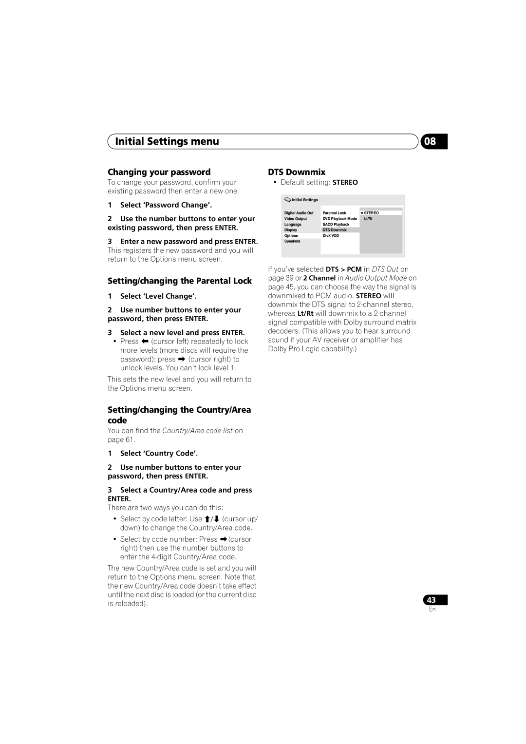 Pioneer DV-48AV Initial Settings menu, Changing your password, Setting/changing the Parental Lock, DTS Downmix 
