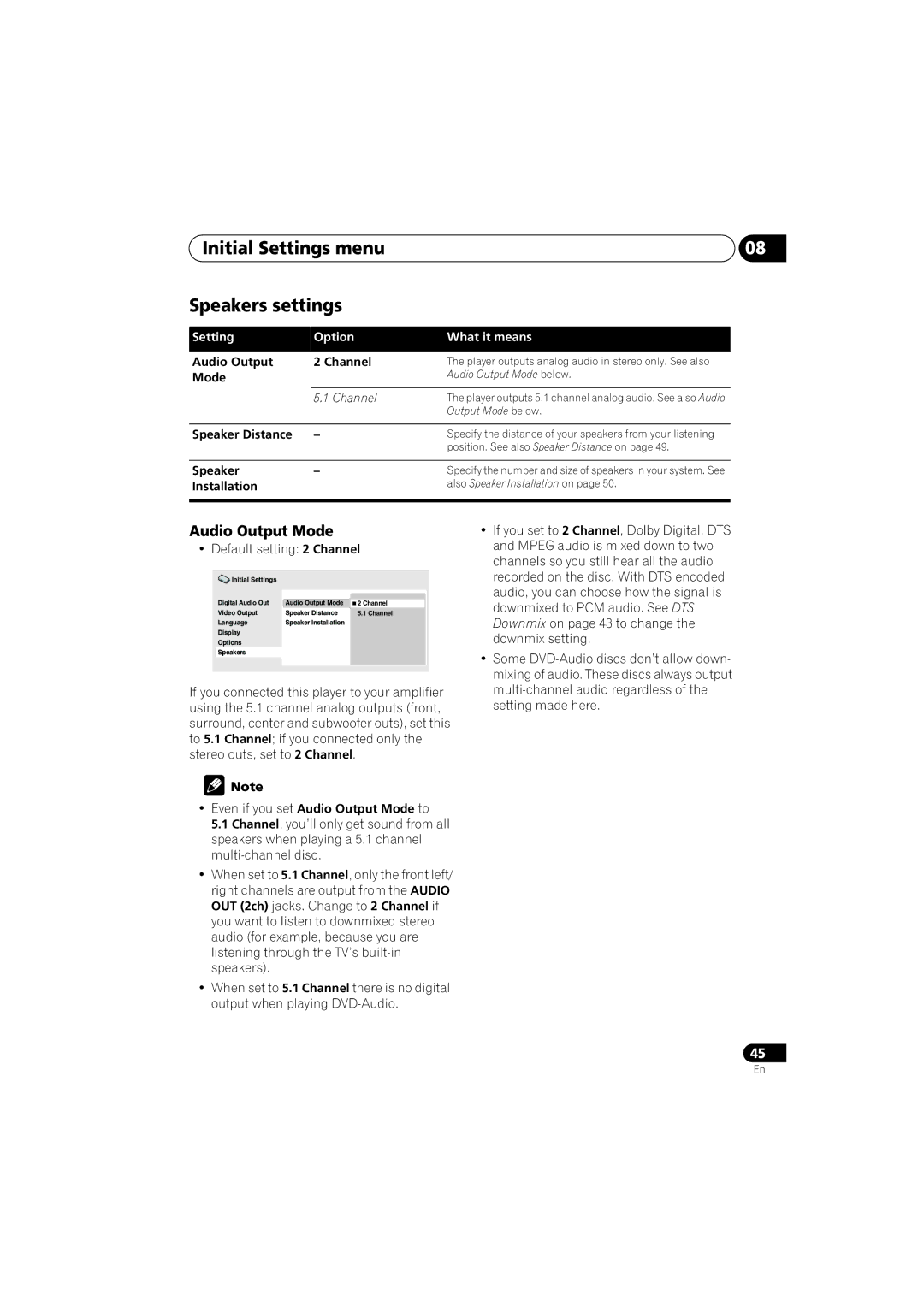 Pioneer DV-48AV operating instructions Initial Settings menu Speakers settings, Audio Output Mode 