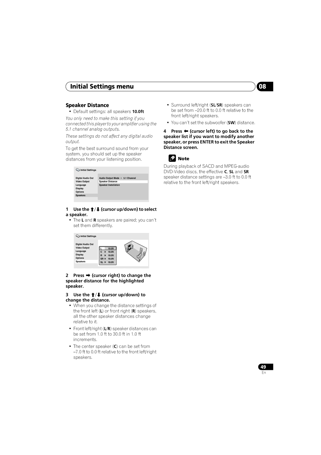 Pioneer DV-48AV Speaker Distance, Default settings all speakers 10.0ft, Use the / cursor up/down to select a speaker 