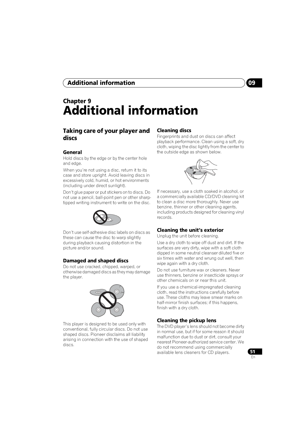 Pioneer DV-48AV operating instructions Additional information Chapter, Taking care of your player and discs 