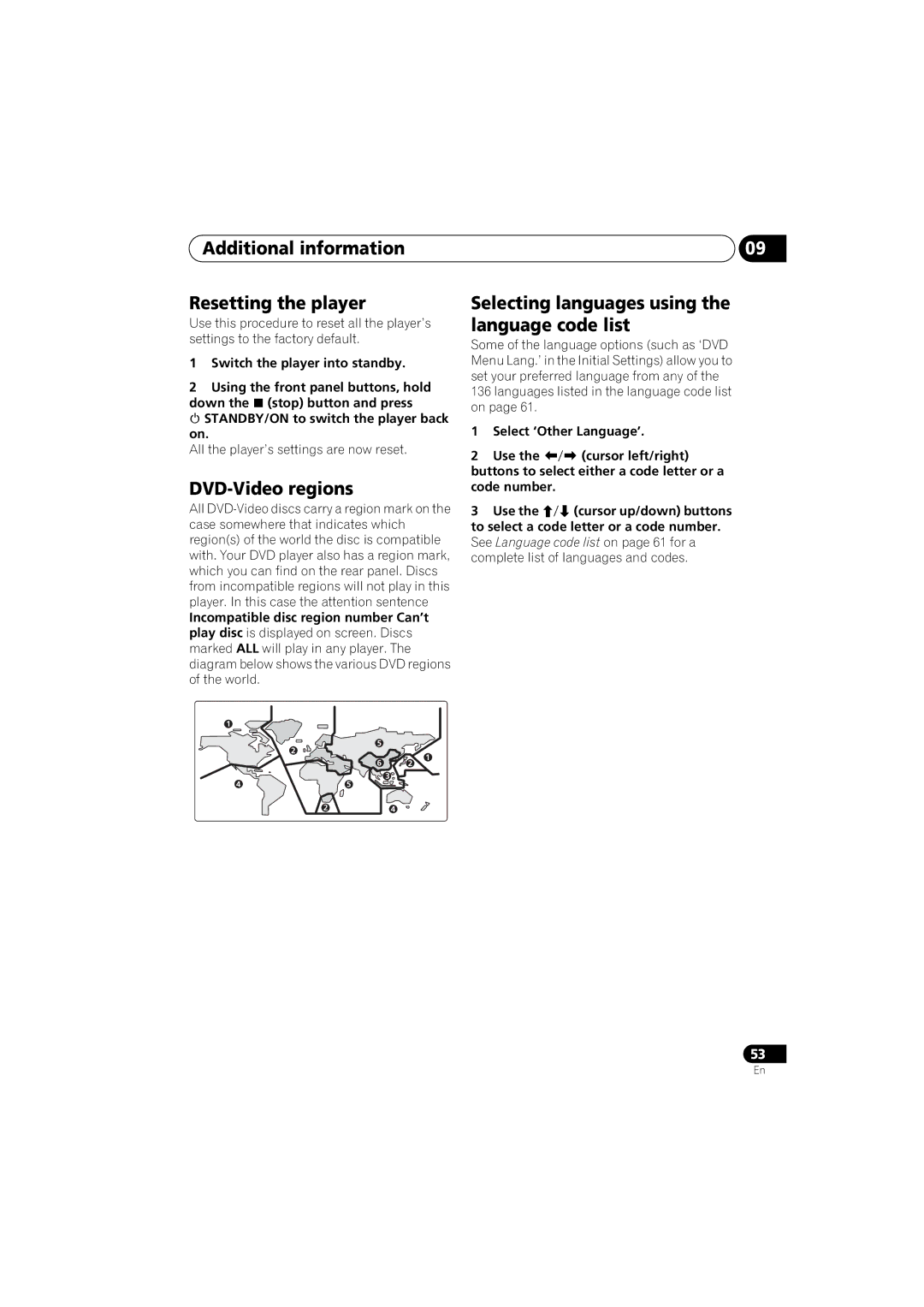 Pioneer DV-48AV Additional information Resetting the player, DVD-Video regions, All the player’s settings are now reset 