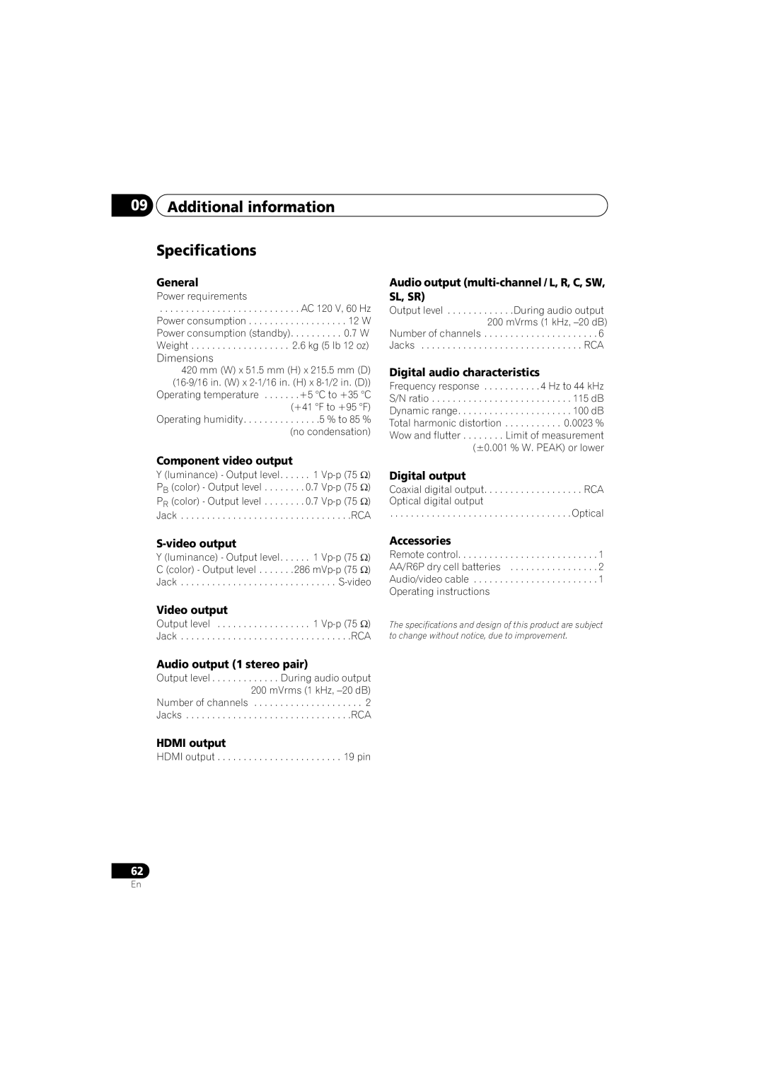 Pioneer DV-48AV Additional information Specifications, Power requirements, Dimensions, ±0.001 % W. Peak or lower 