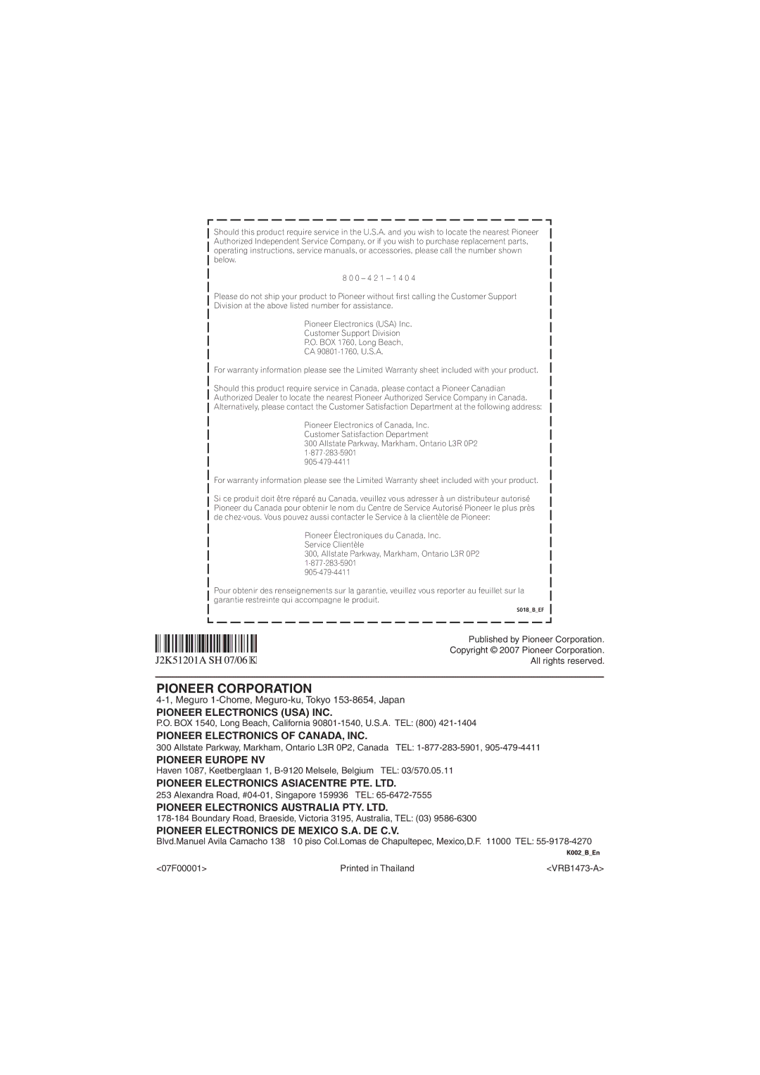 Pioneer DV-48AV operating instructions Pioneer Corporation 