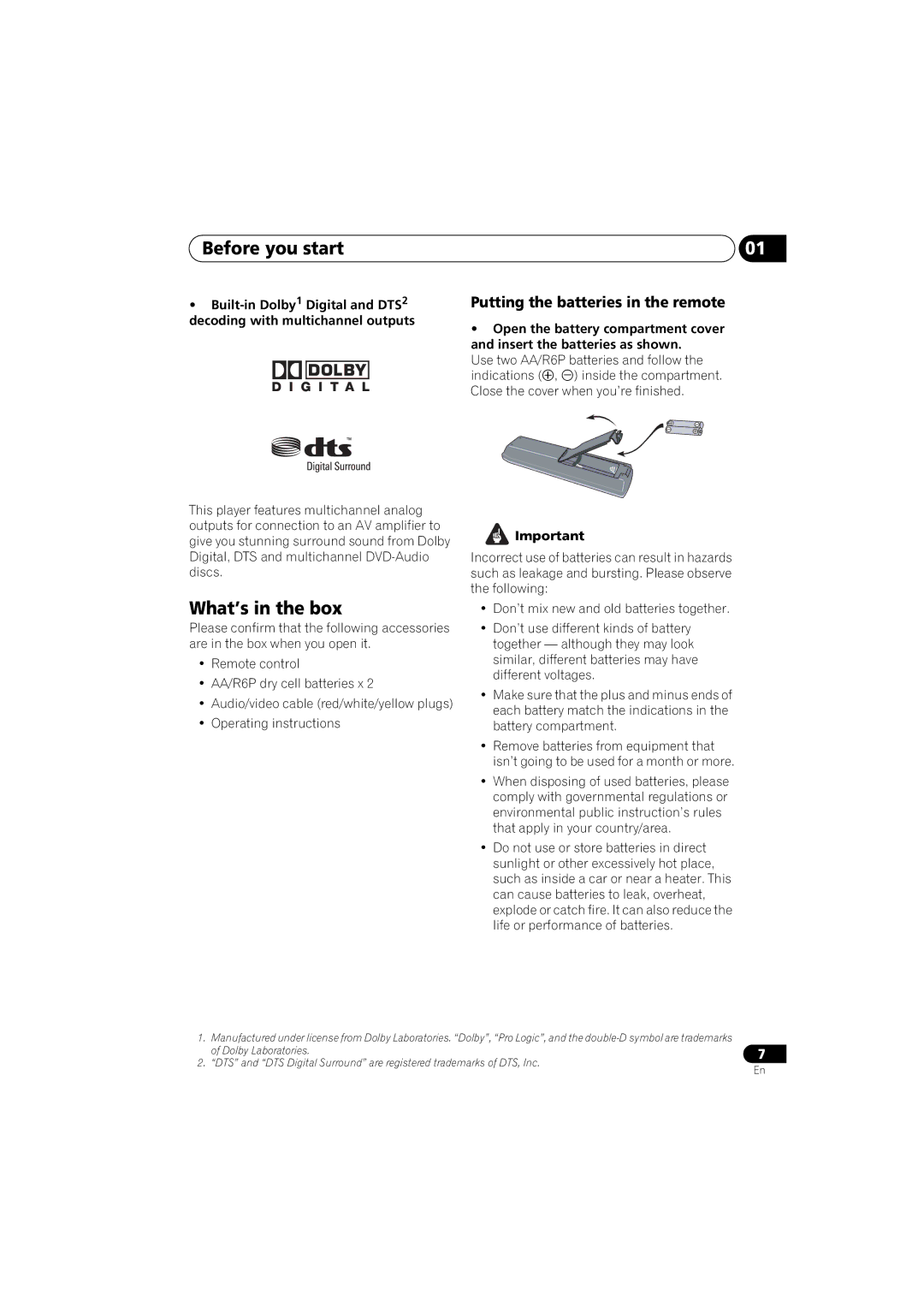 Pioneer DV-48AV operating instructions Before you start, What’s in the box, Putting the batteries in the remote 