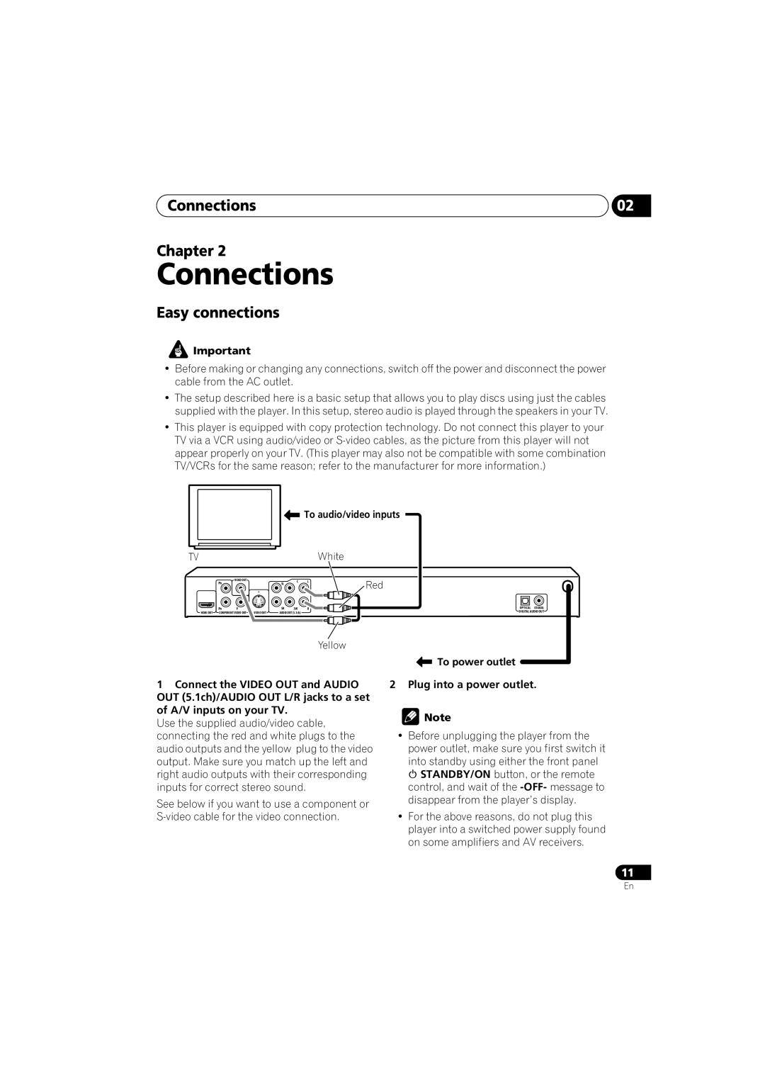 Pioneer DV-48AV Connections, Easy connections, Chapter, To audio/video inputs, To power outlet 2 Plug into a power outlet 