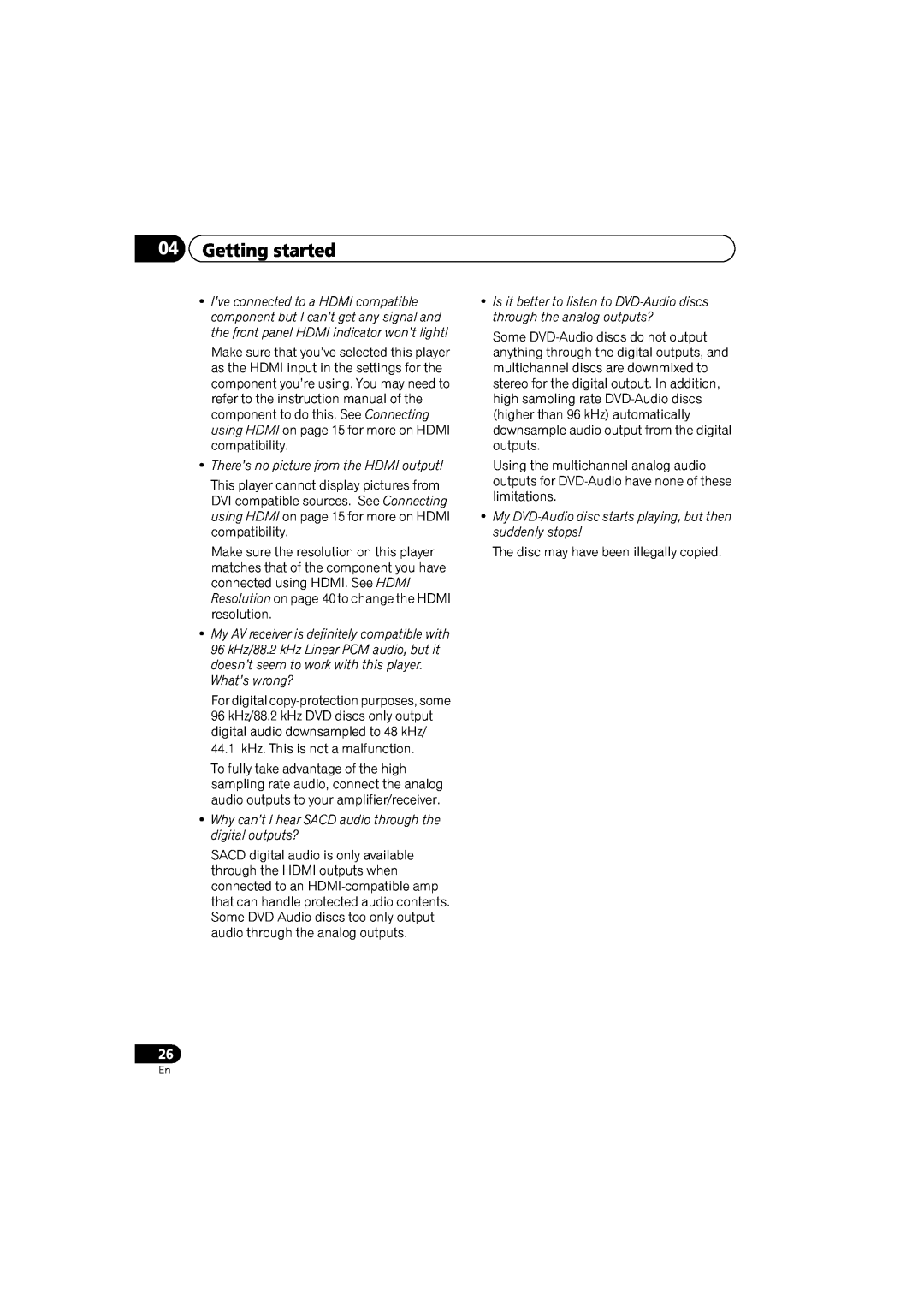 Pioneer DV-48AV operating instructions Getting started, There’s no picture from the HDMI output 
