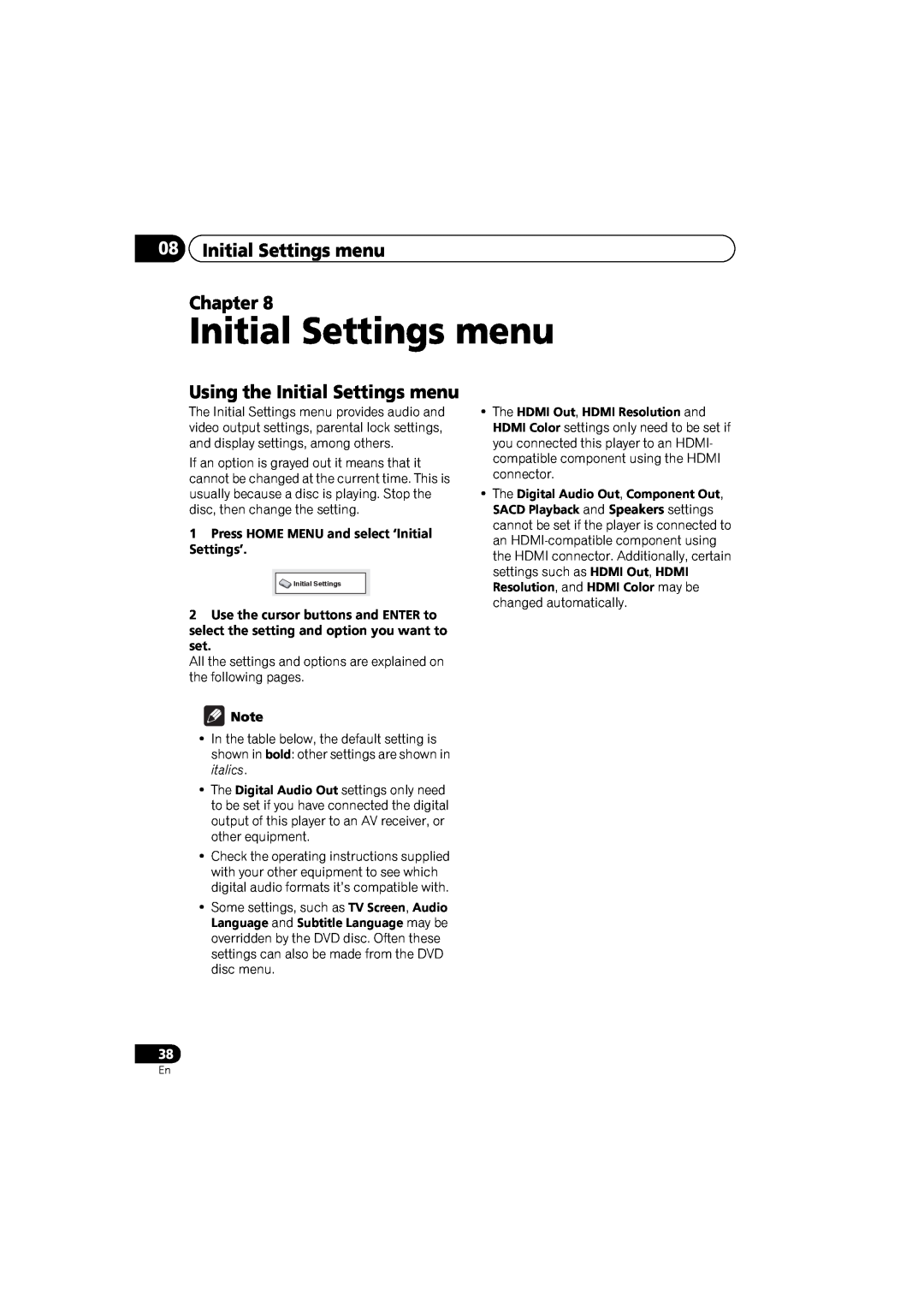 Pioneer DV-48AV operating instructions Initial Settings menu Chapter, Using the Initial Settings menu 