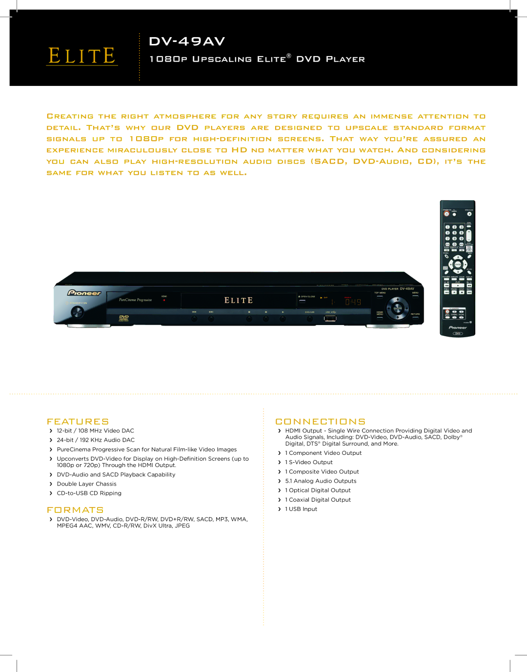 Pioneer DV-49AV manual Features, Formats, Connections 