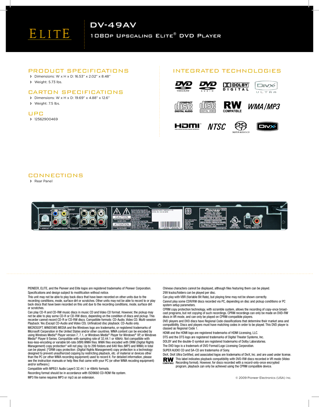 Pioneer DV-49AV manual Product Specifications, Carton Specifications, UPC Connections, Integrated Technologies 