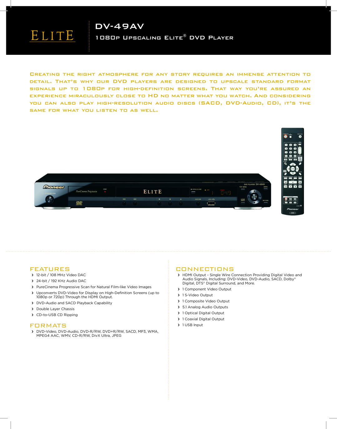 Pioneer DV-49AV manual 1080p Upscaling Elite DVD Player, Features, Formats, Connections 
