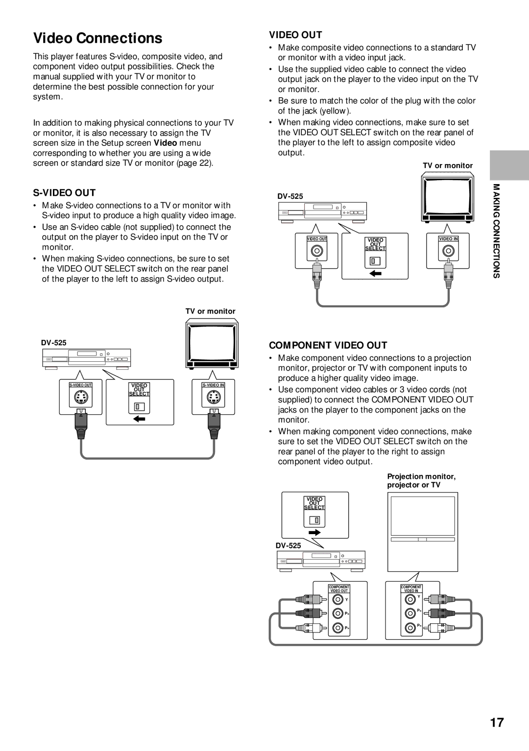 Pioneer DV-525 operating instructions Video Connections, Component Video OUT 