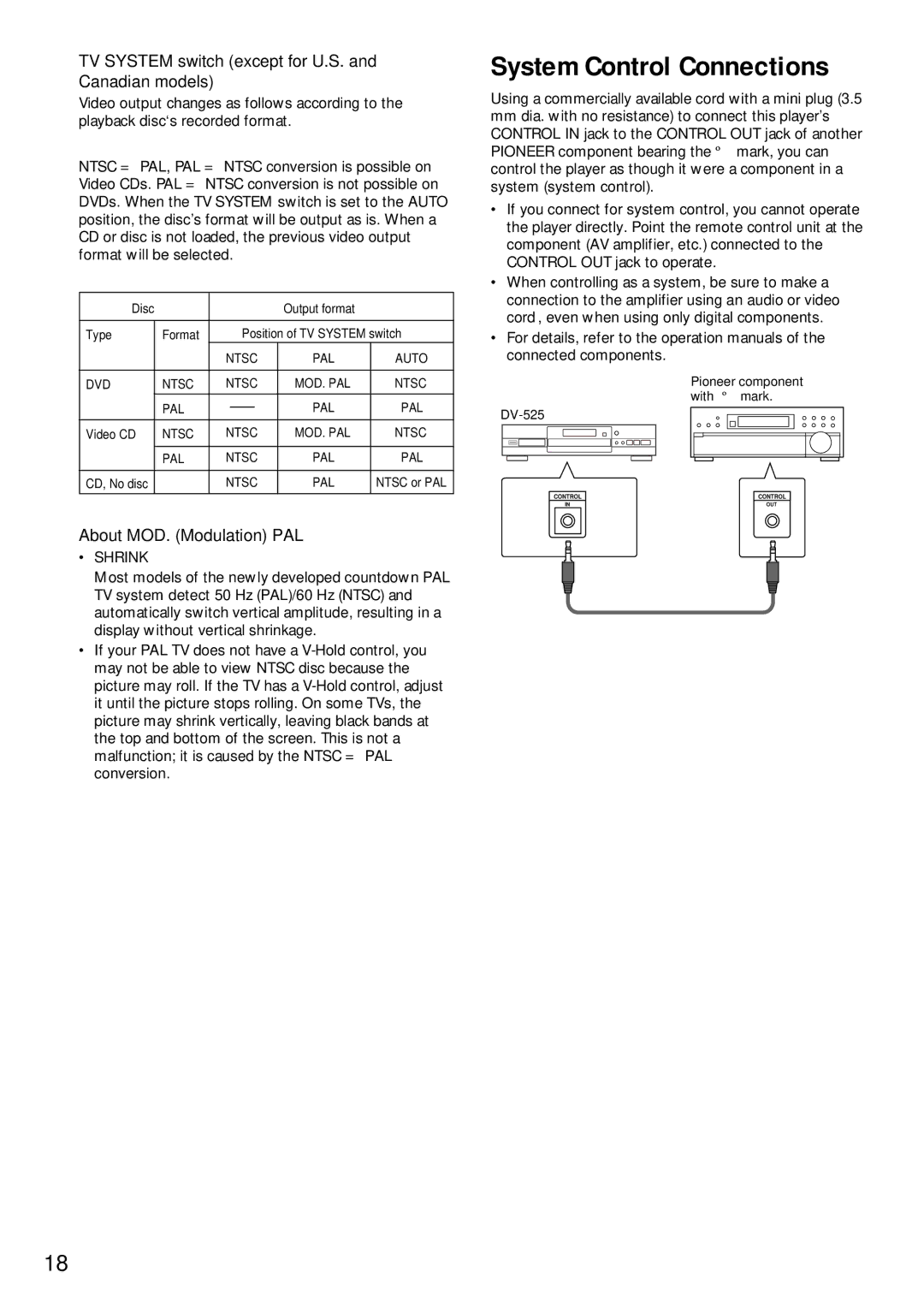 Pioneer DV-525 System Control Connections, TV System switch except for U.S. and Canadian models, About MOD. Modulation PAL 