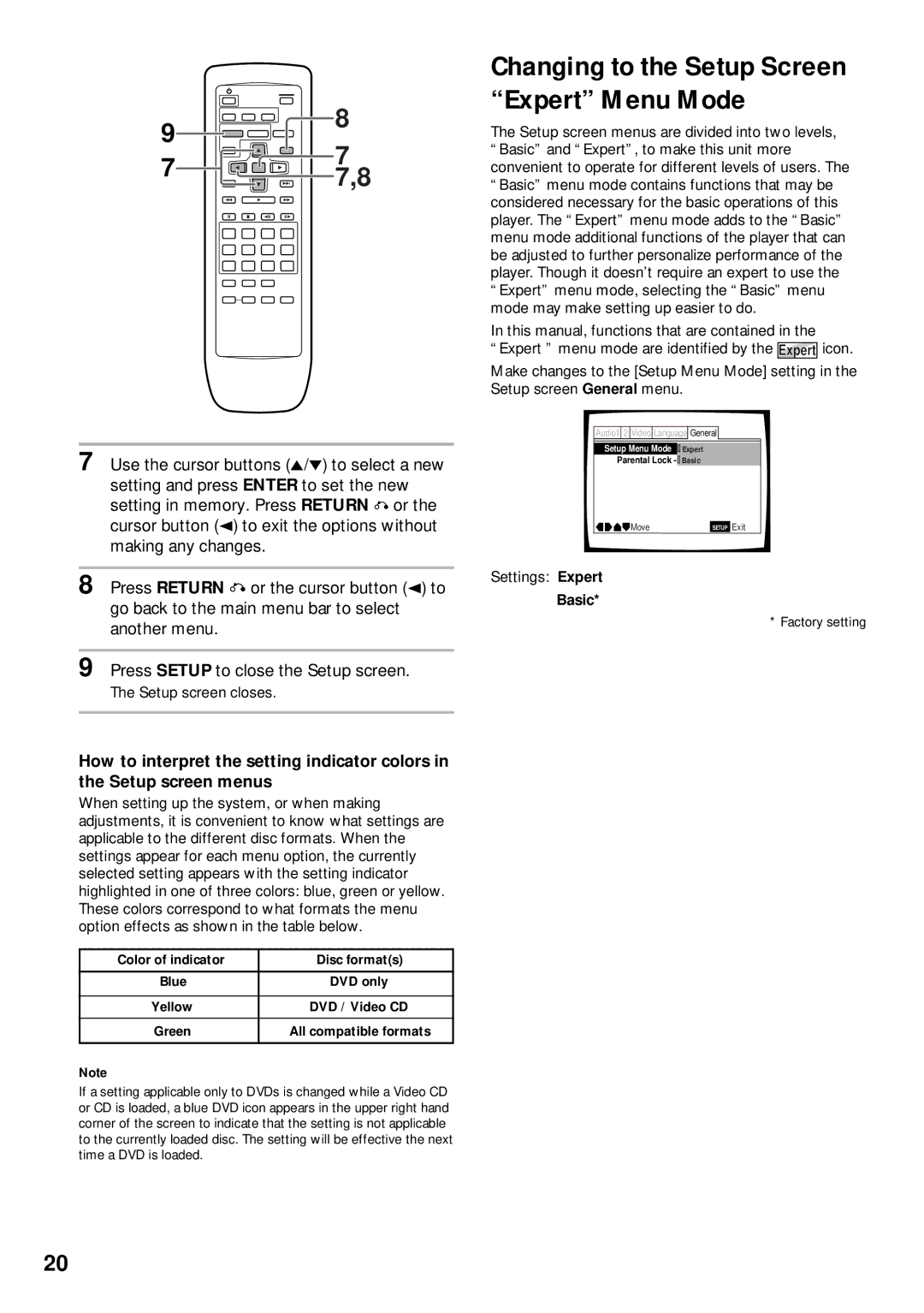 Pioneer DV-525 Changing to the Setup Screen Expert Menu Mode, Setup screen closes, Settings Expert, Basic 