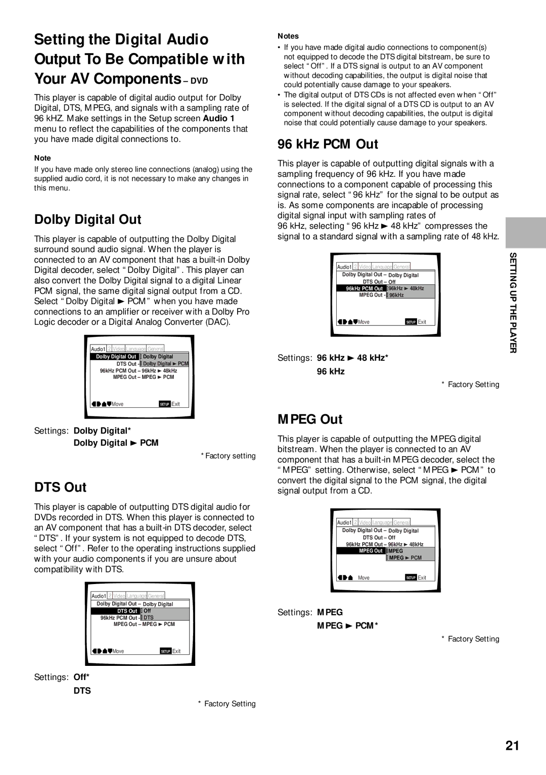 Pioneer DV-525 operating instructions Dolby Digital Out, KHz PCM Out, DTS Out, Mpeg Out, Setting UP the Player 