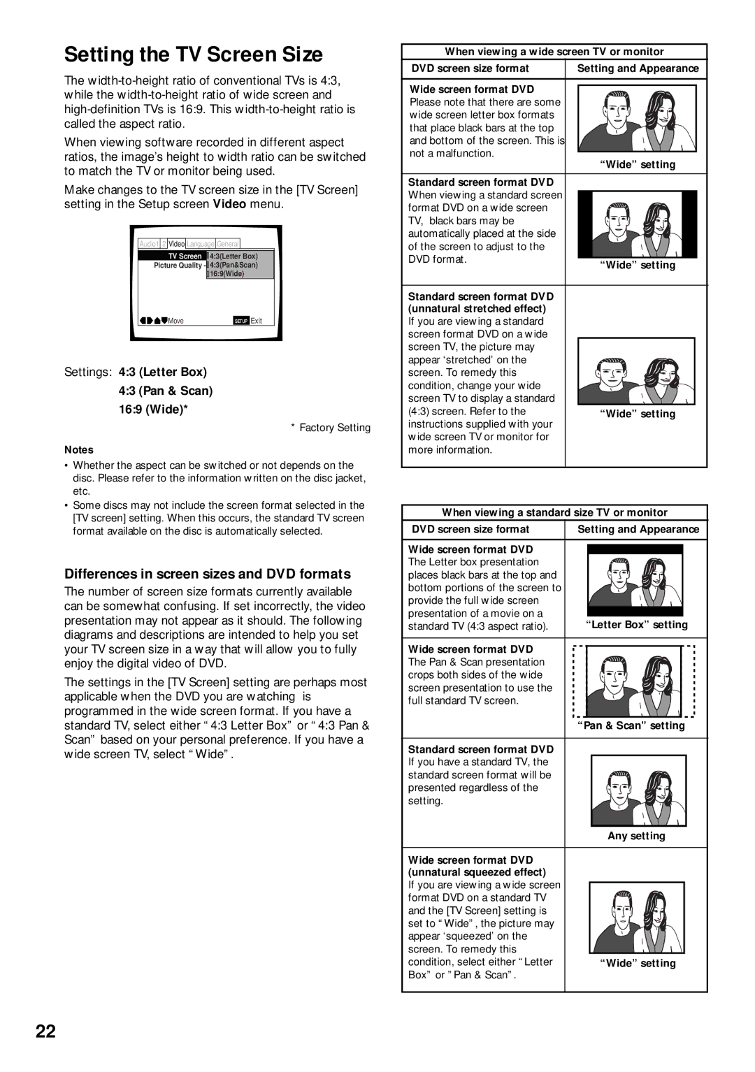 Pioneer DV-525 operating instructions Setting the TV Screen Size, Differences in screen sizes and DVD formats 