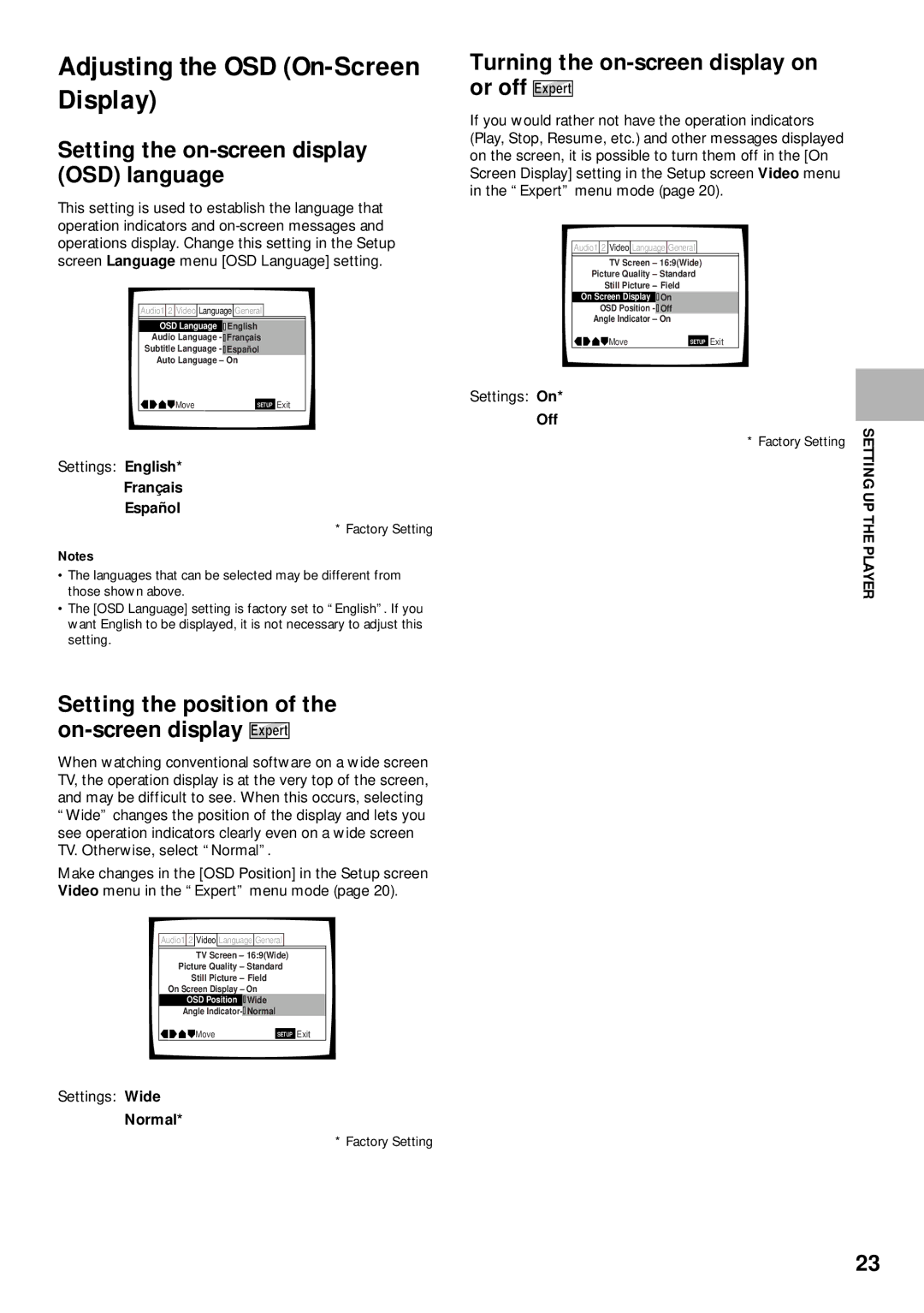 Pioneer DV-525 operating instructions Adjusting the OSD On-Screen Display, Setting the on-screen display OSD language 