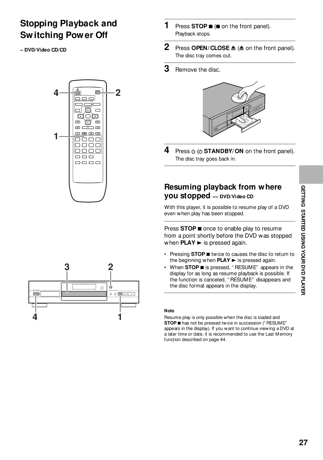 Pioneer DV-525 Stopping Playback and Switching Power Off, Resuming playback from where, You stopped -- DVD/Video CD 