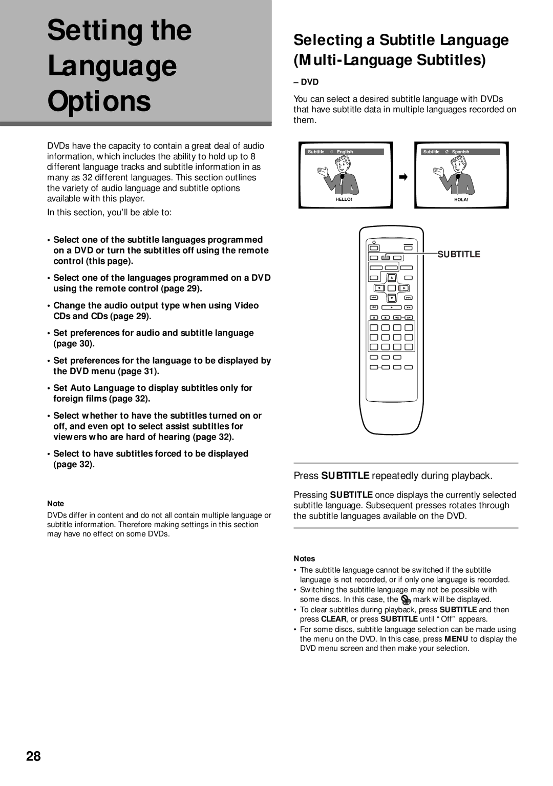 Pioneer DV-525 operating instructions Setting Language Options, Selecting a Subtitle Language Multi-Language Subtitles, Dvd 